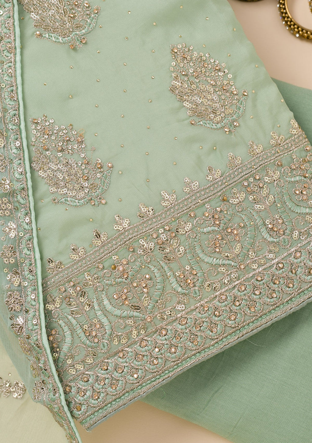 Pista Green Zariwork Semi Crepe Unstitched Salwar Suit