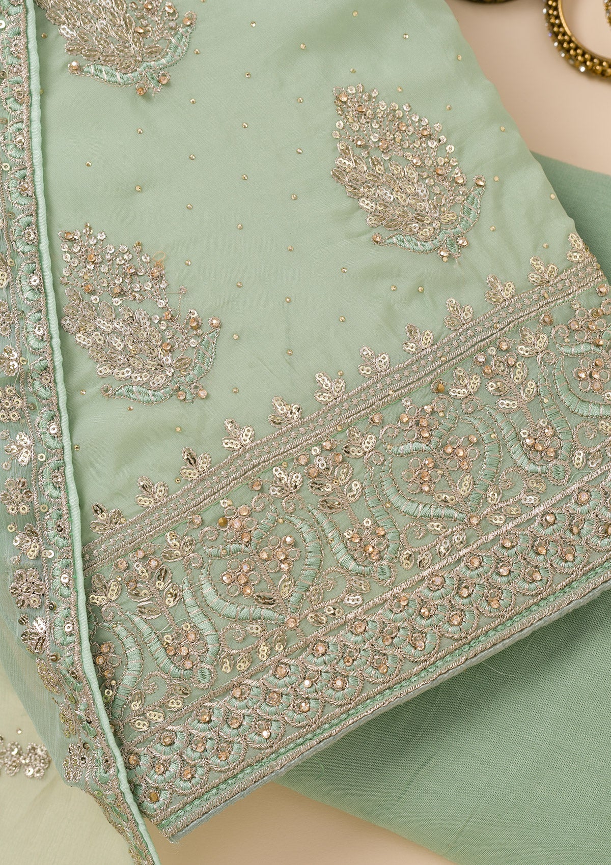Pista Green Zariwork Semi Crepe Unstitched Salwar Suit