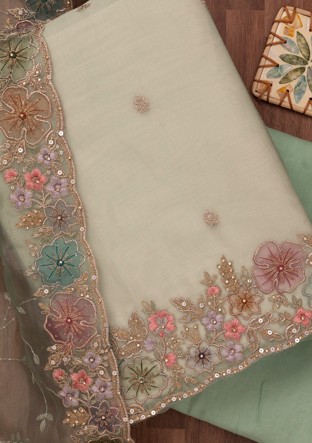Pista Green Zariwork Semi Crepe Unstitched Salwar Suit