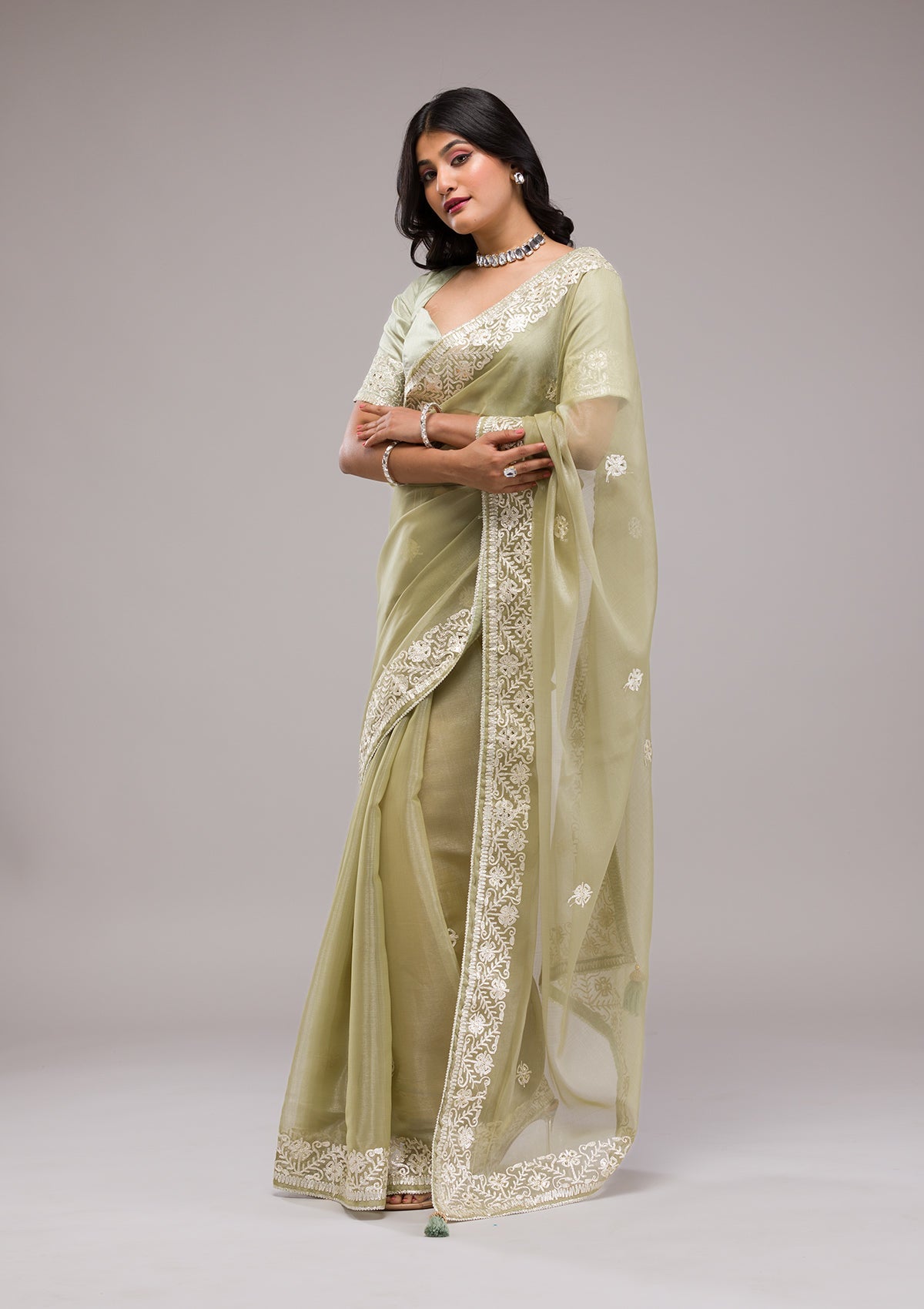 Pista Green Zariwork Semi Crepe Saree