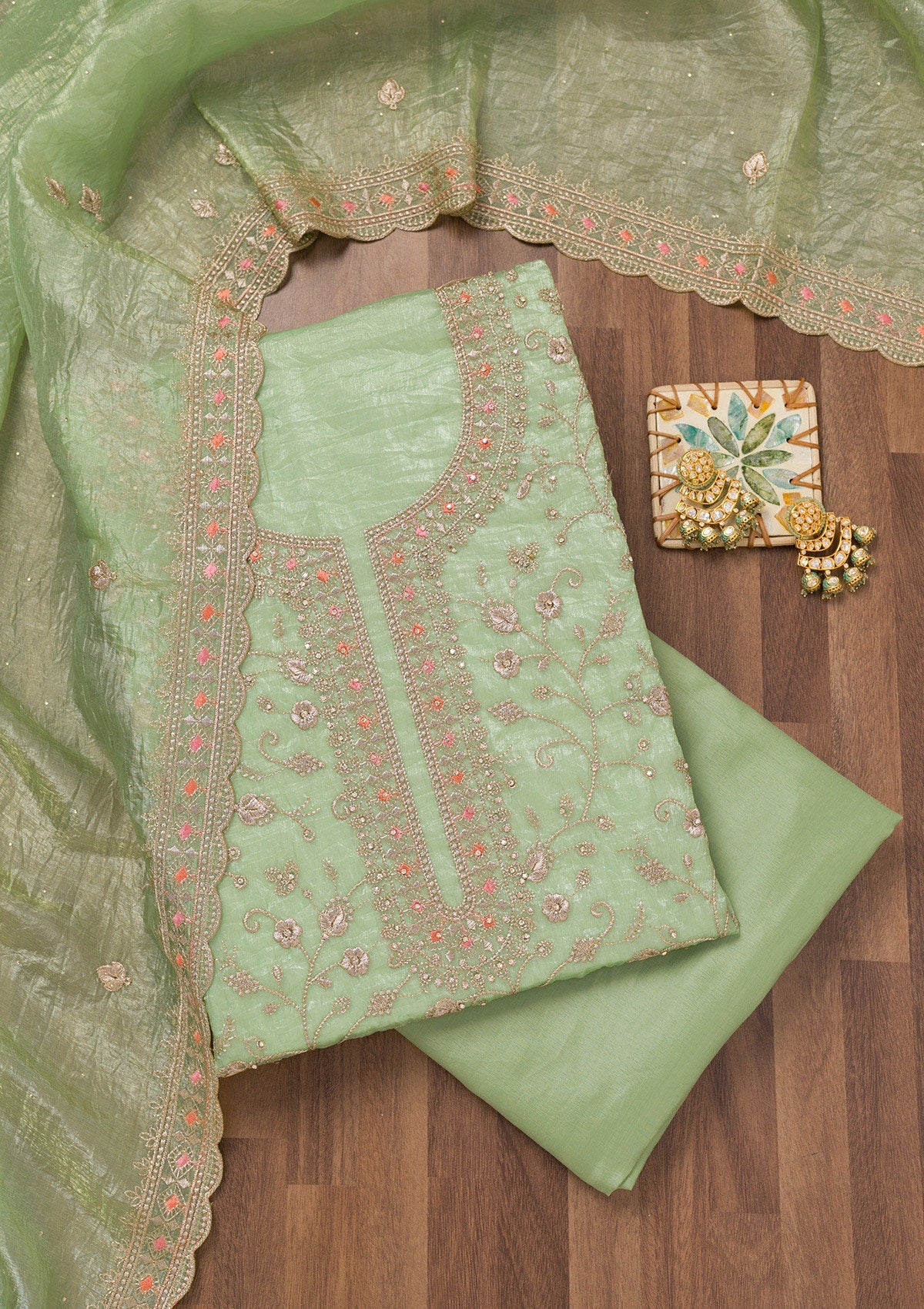 Pista Green Zariwork Tissue Unstitched Salwar Suit