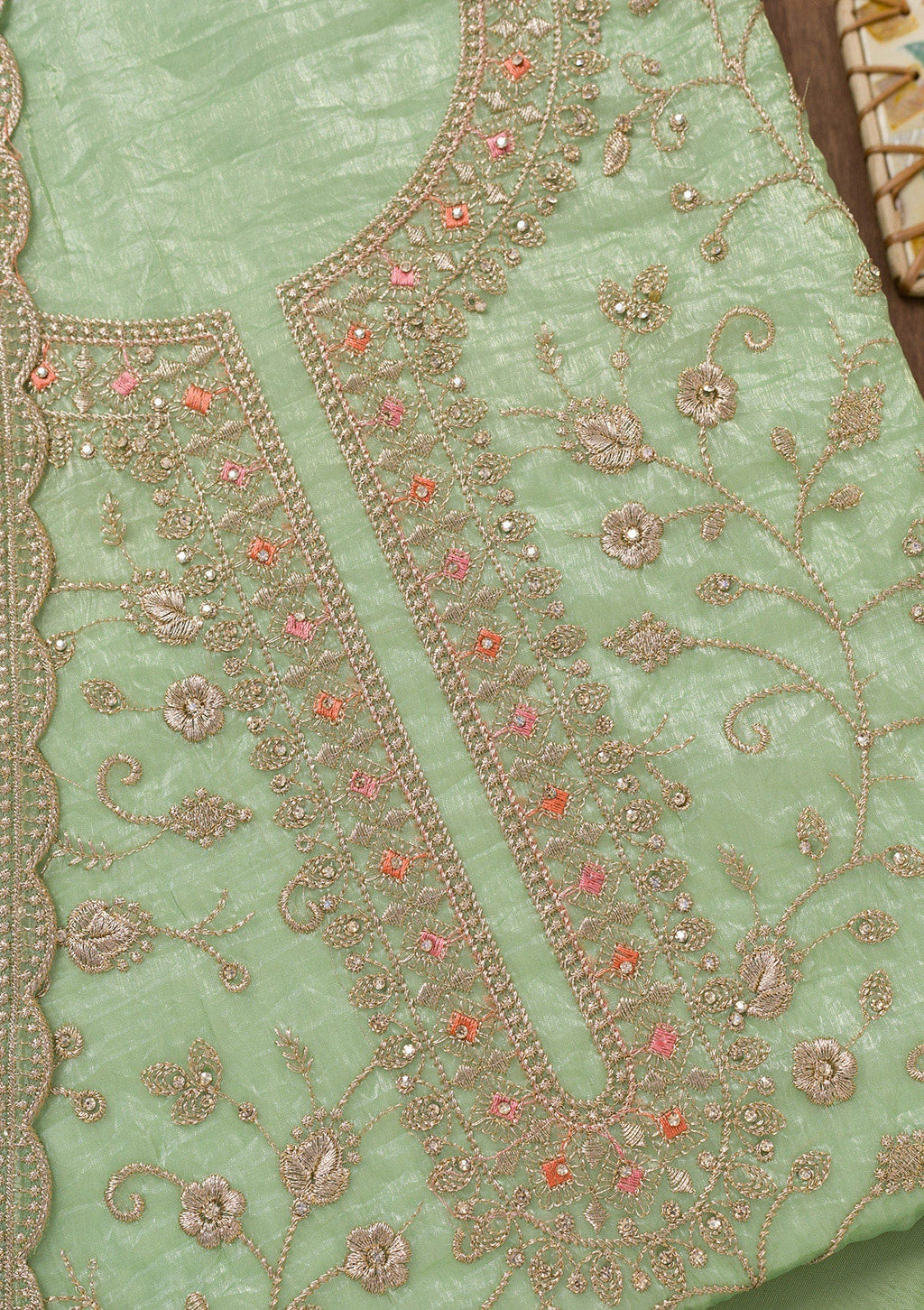 Pista Green Zariwork Tissue Unstitched Salwar Suit