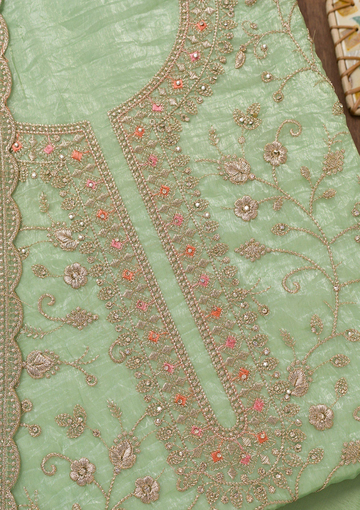 Pista Green Zariwork Tissue Unstitched Salwar Suit
