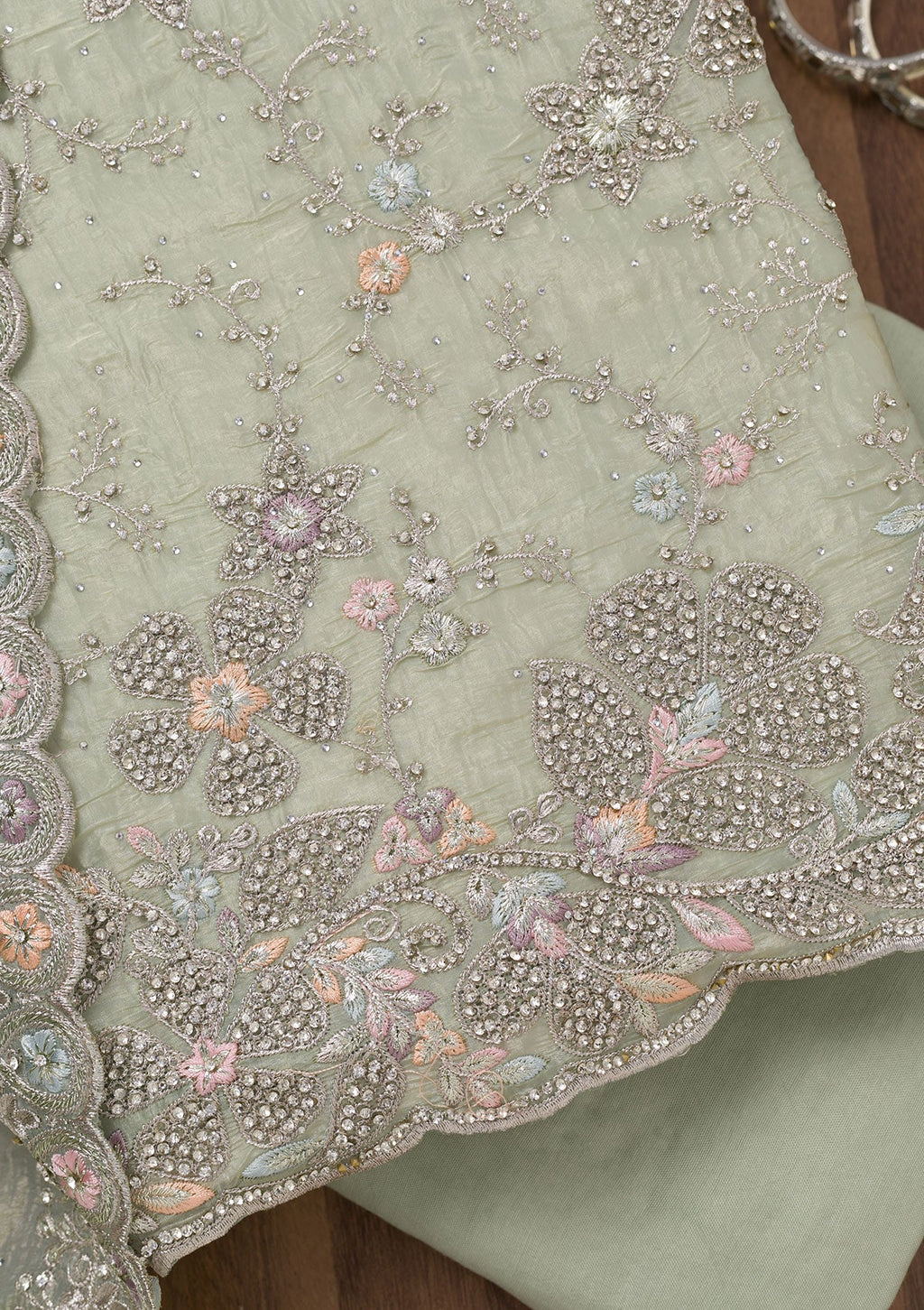 Pista Green Zariwork Tissue Unstitched Salwar Suit