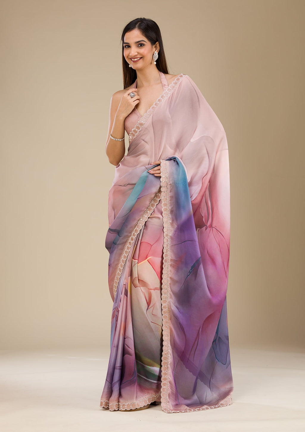 Purple Printed Satin Saree