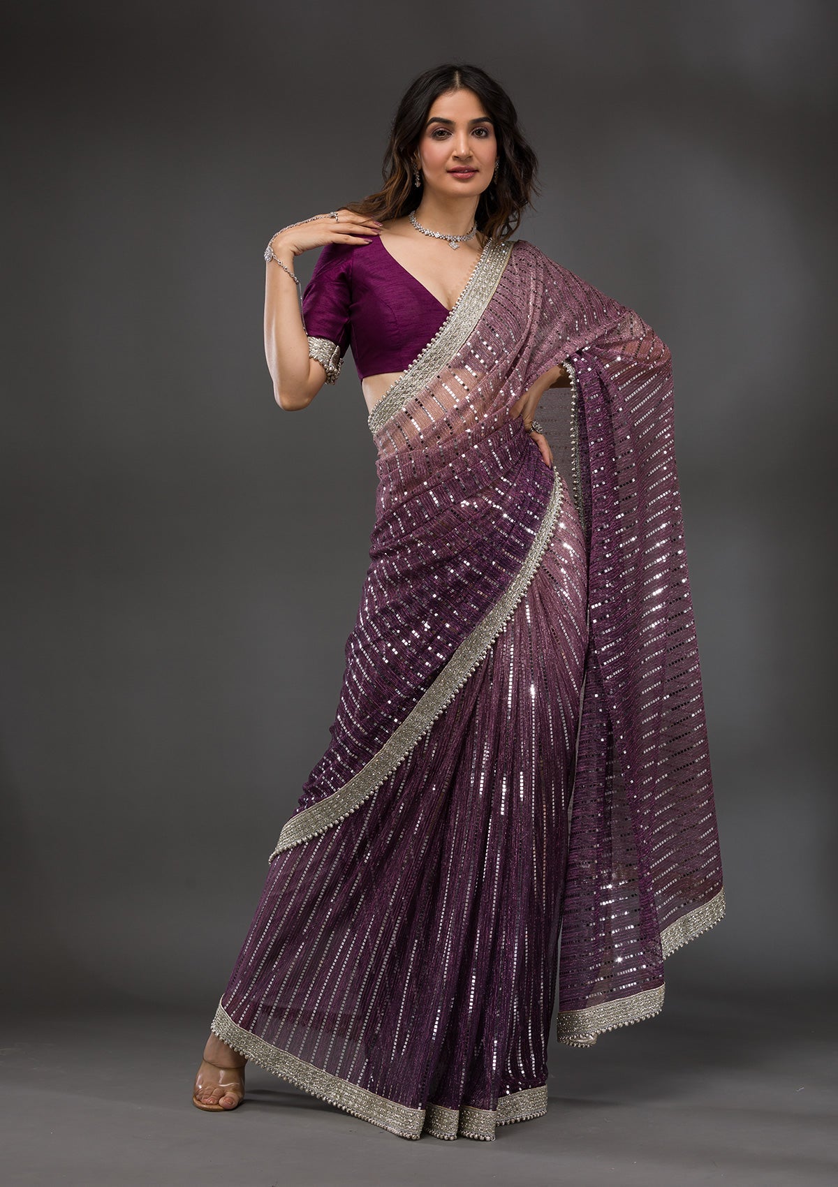 Wine Mirrorwork Lycra Saree