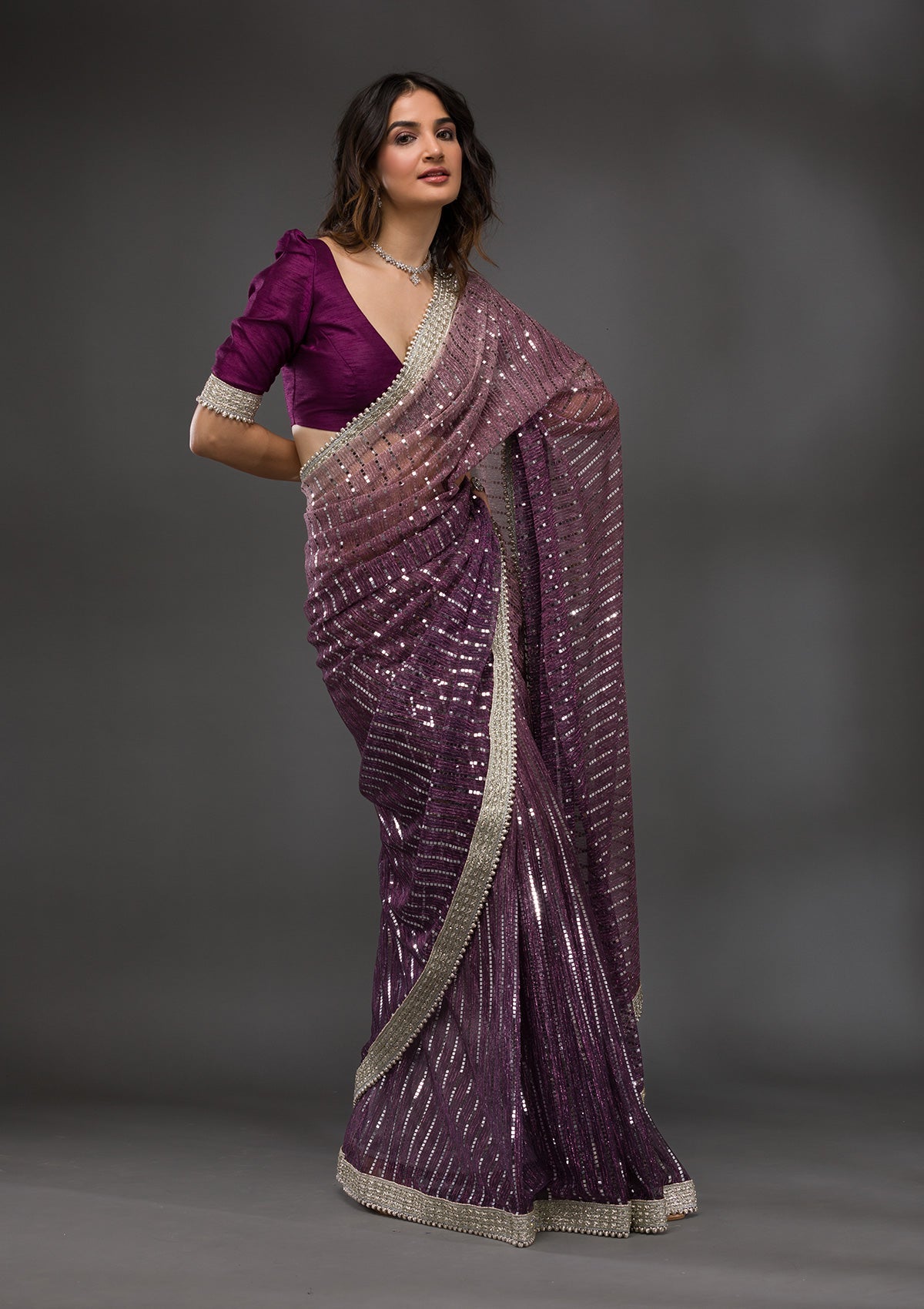 Wine Mirrorwork Lycra Saree