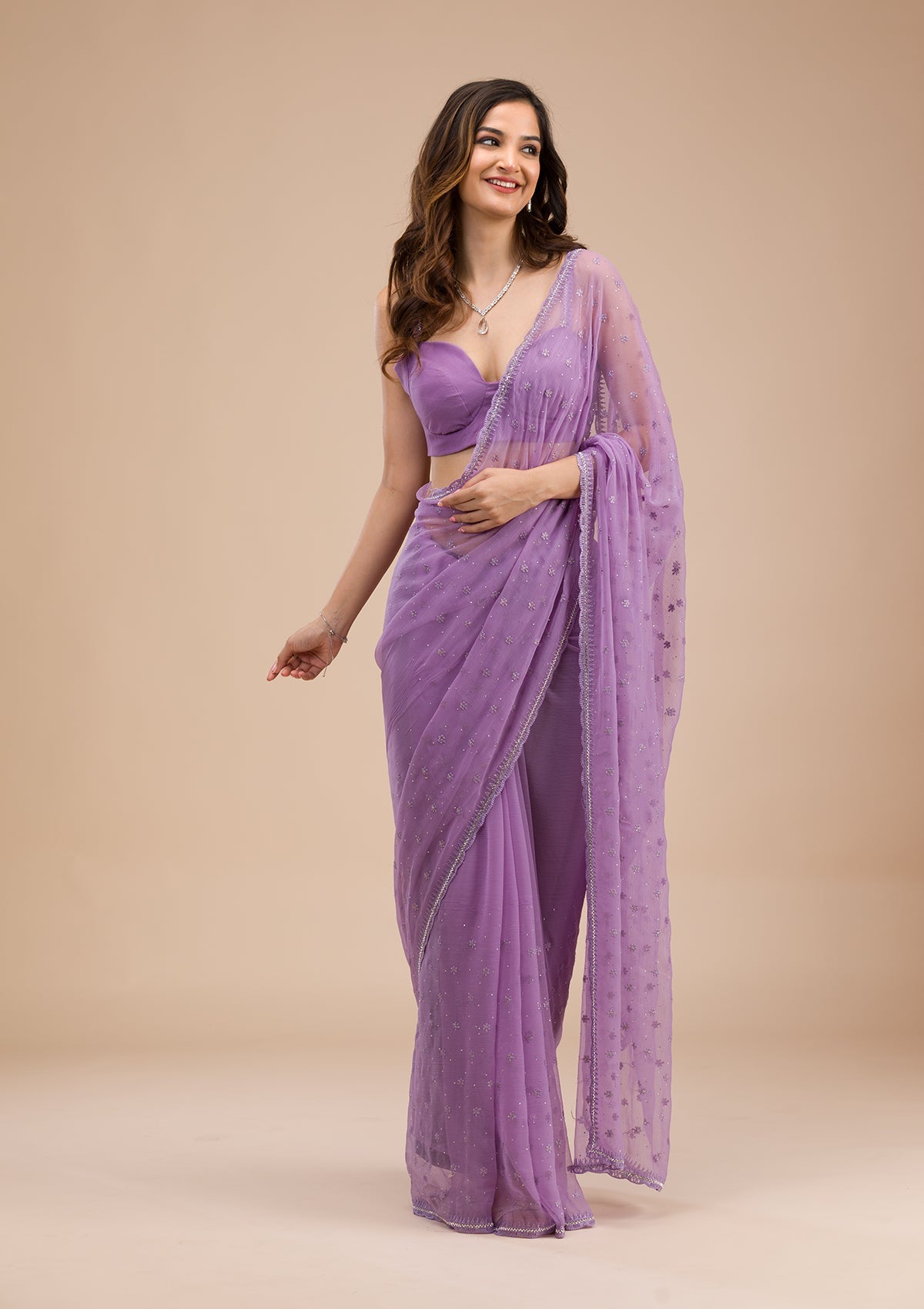 Purple Threadwork Chiffon Saree