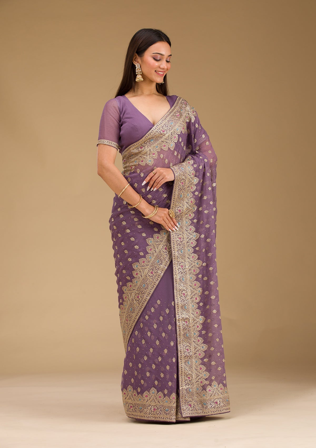 Purple Zariwork Chiffon Saree