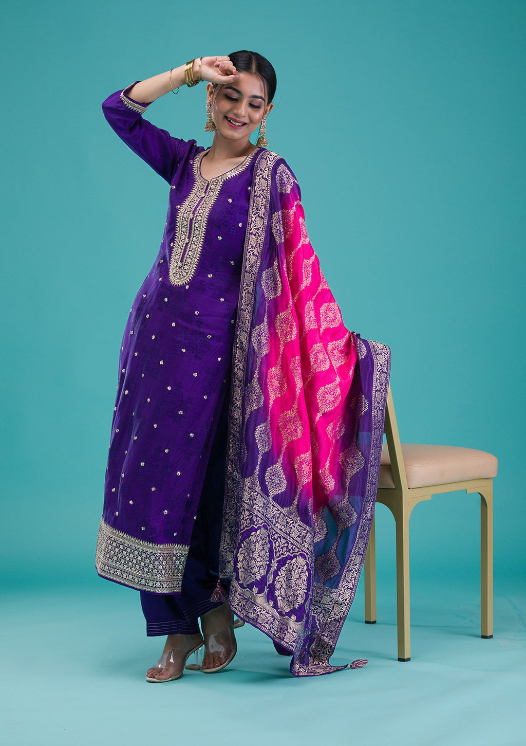 Purple Zariwork Crepe Readymade Salwar Suit