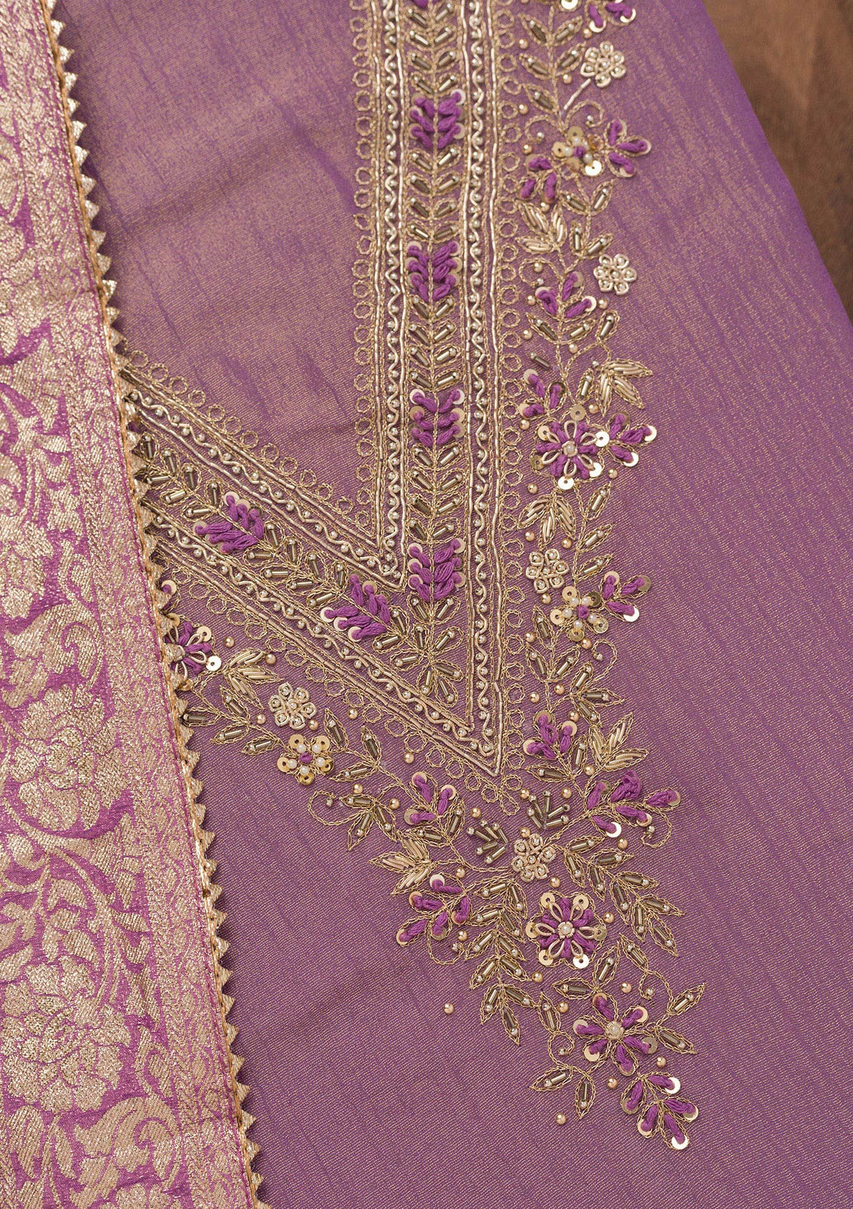 Purple Zariwork Raw Silk Unstitched Salwar Suit