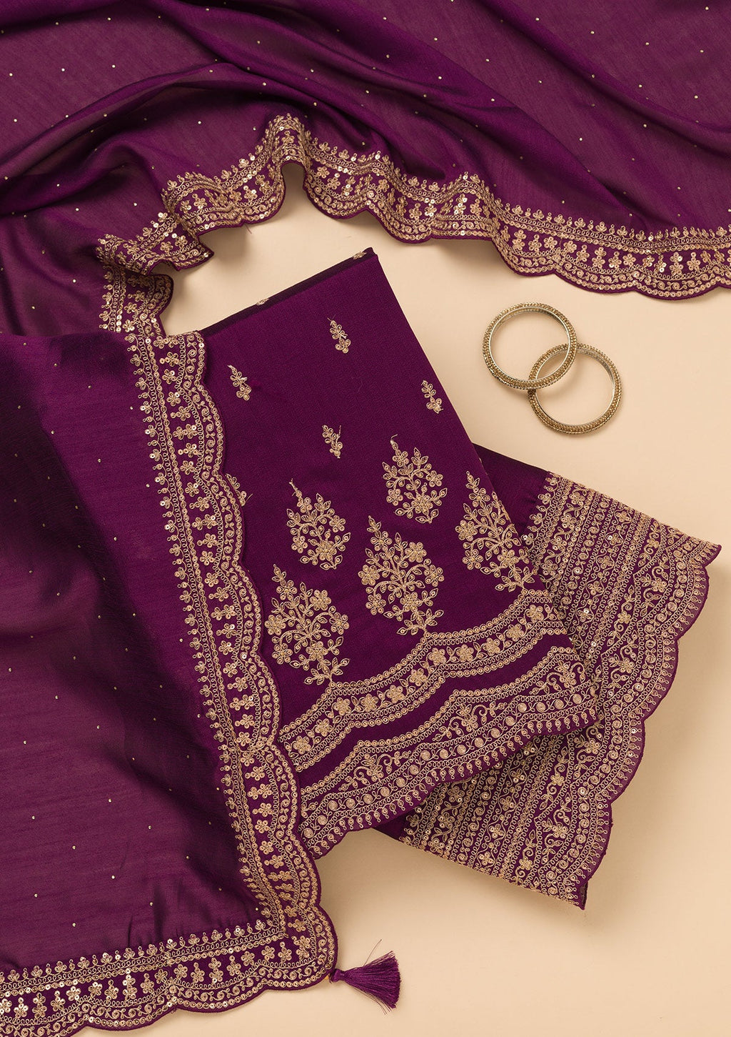 Purple Zariwork Satin Unstitched Salwar Suit
