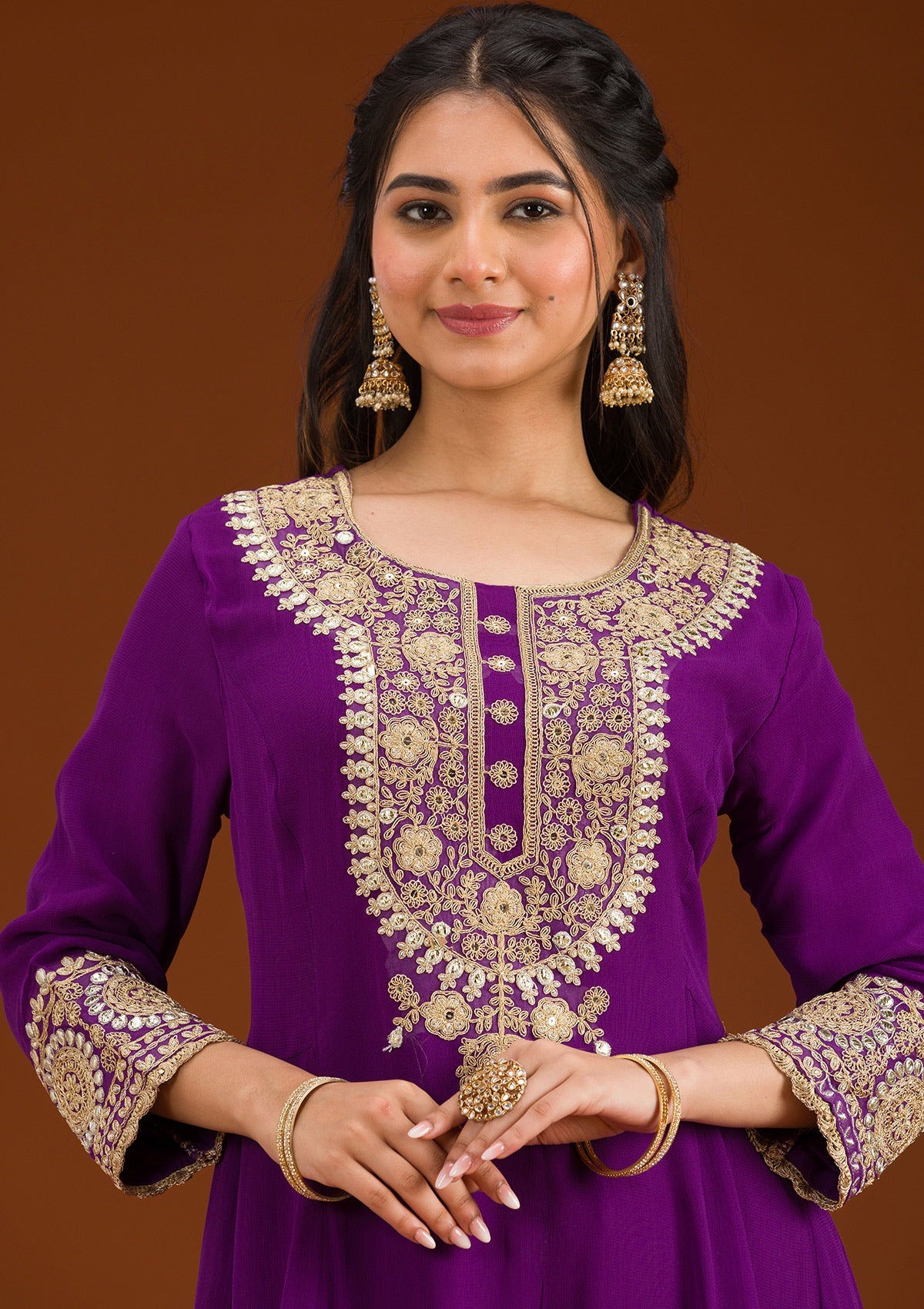 Purple Zariwork Semi Crepe Readymade Salwar Suit