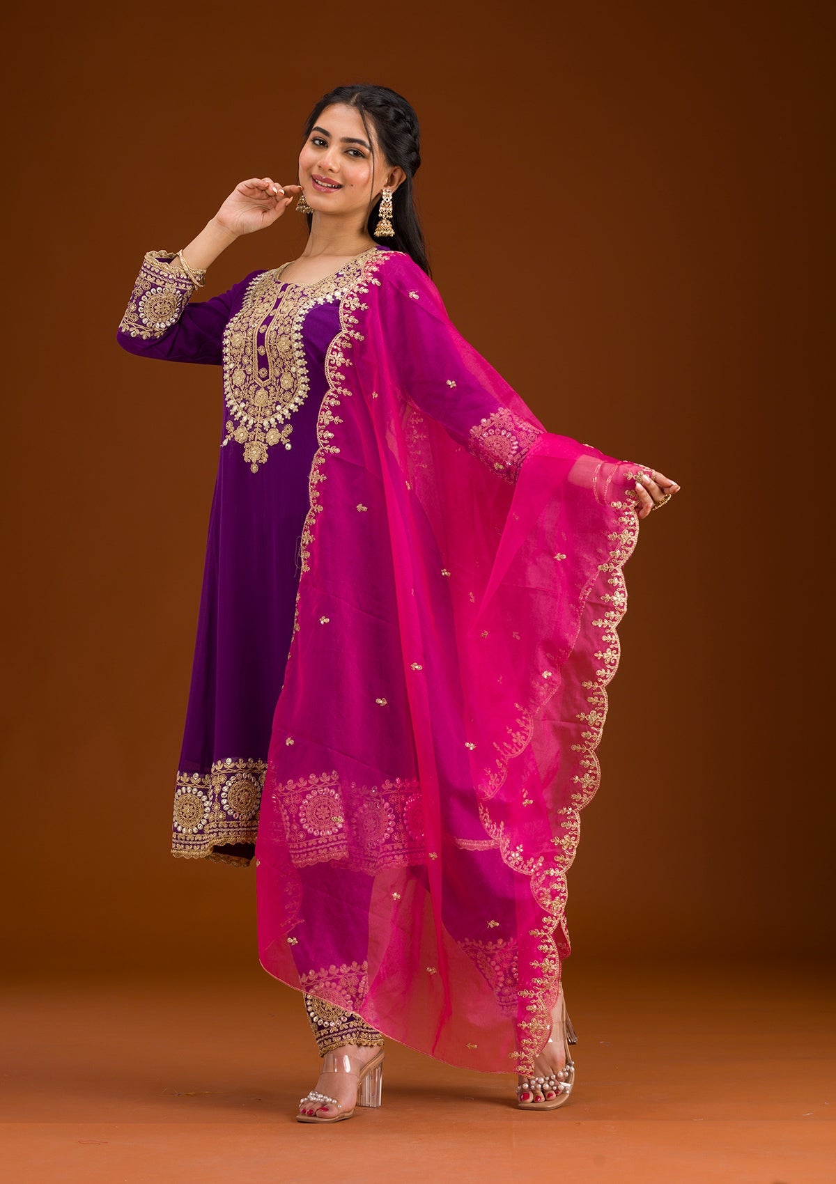 Purple Zariwork Semi Crepe Readymade Salwar Suit