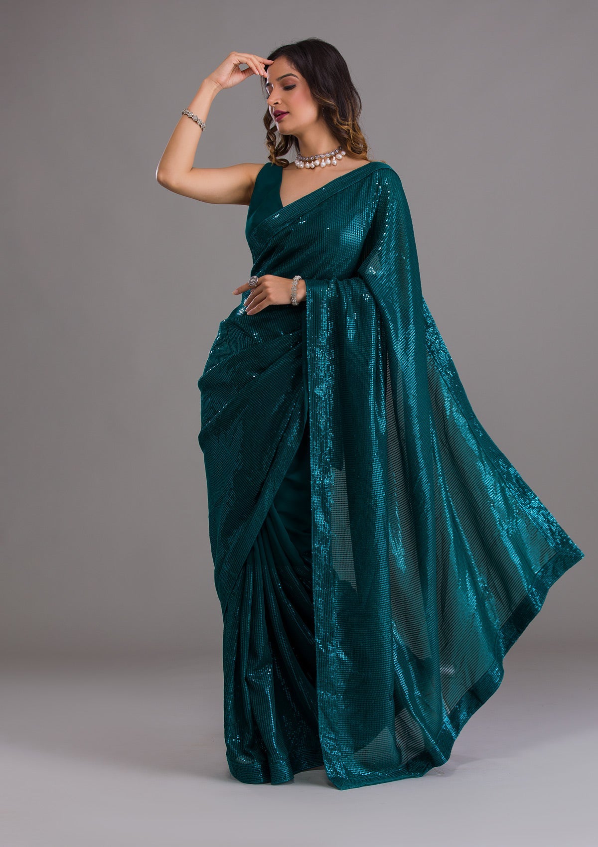 Rama Green Sequins Georgette Designer Saree