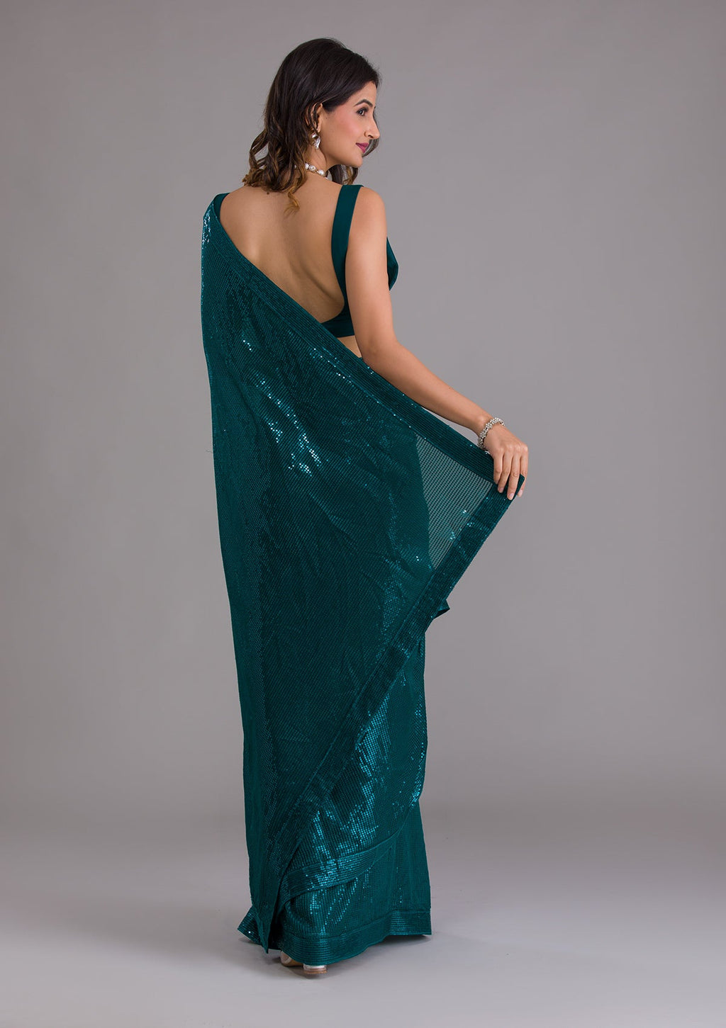 Rama Green Sequins Georgette Designer Saree