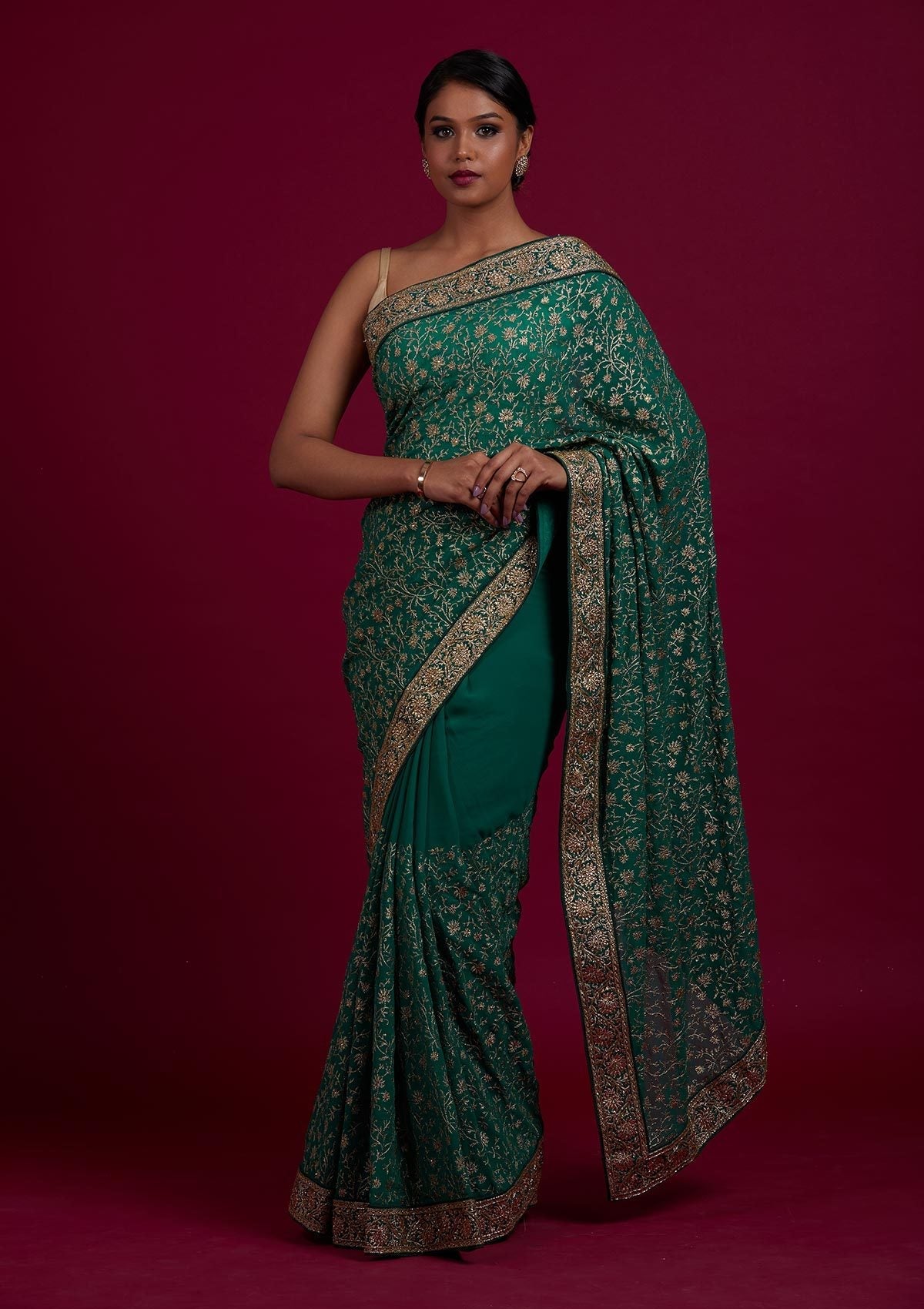 Rama Green Zariwork Georgette Designer Saree