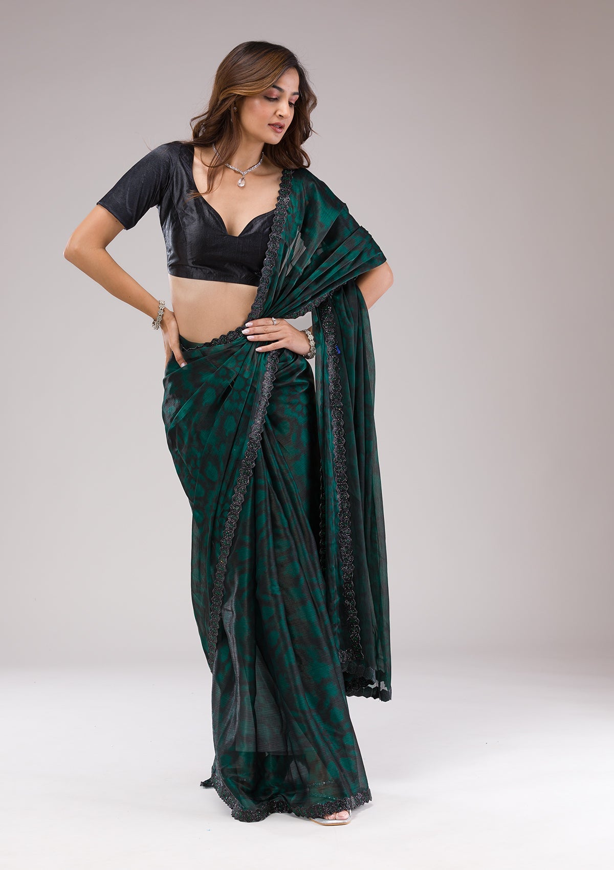 Rama Green Stonework (Gold) Georgette Saree