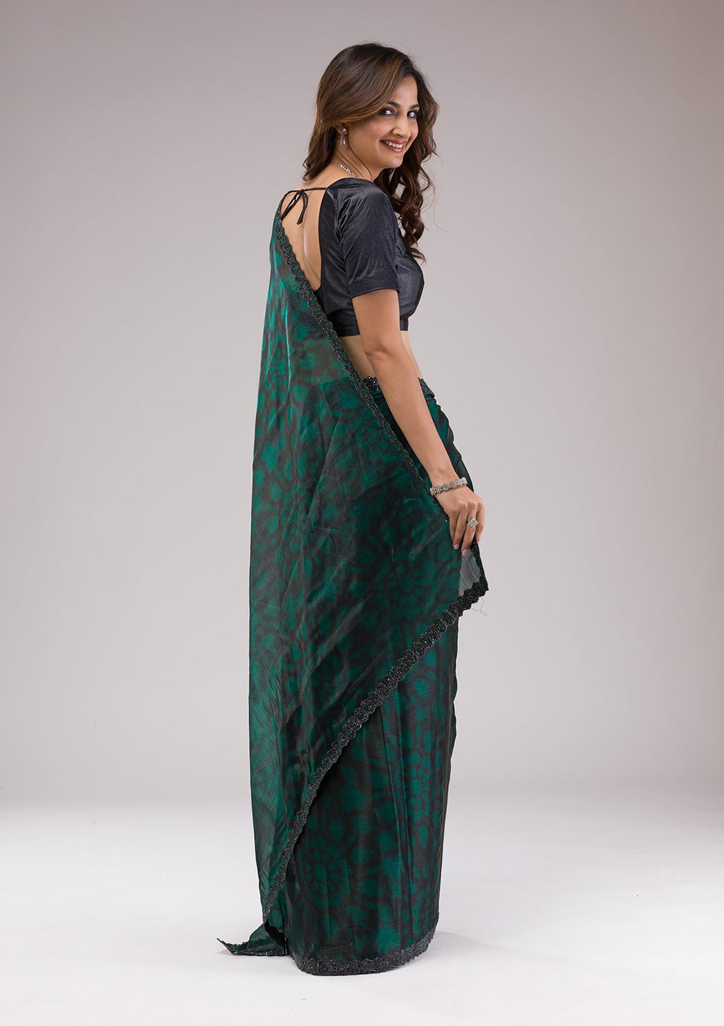 Rama Green Stonework (Gold) Georgette Saree