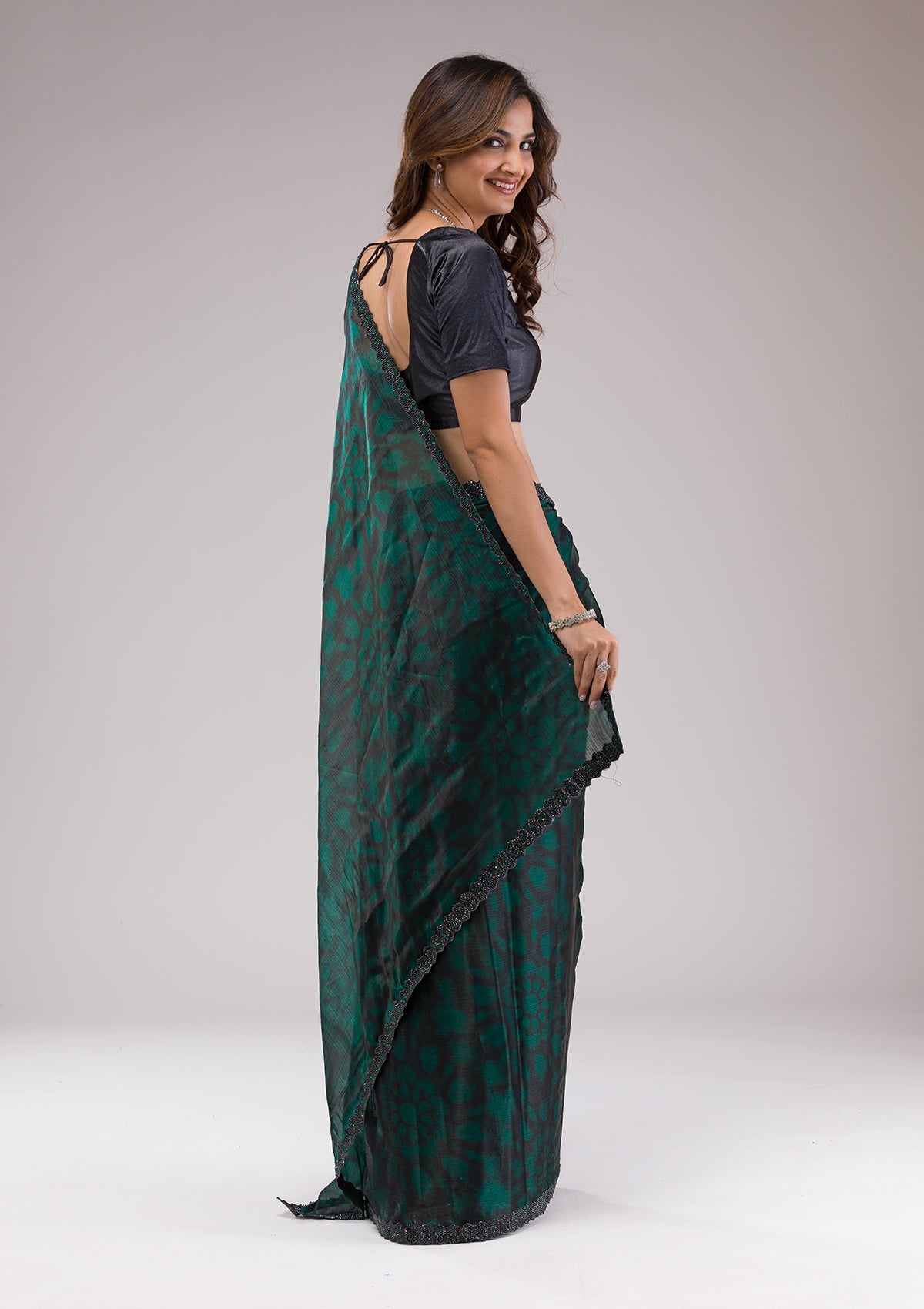 Rama Green Stonework (Gold) Georgette Saree