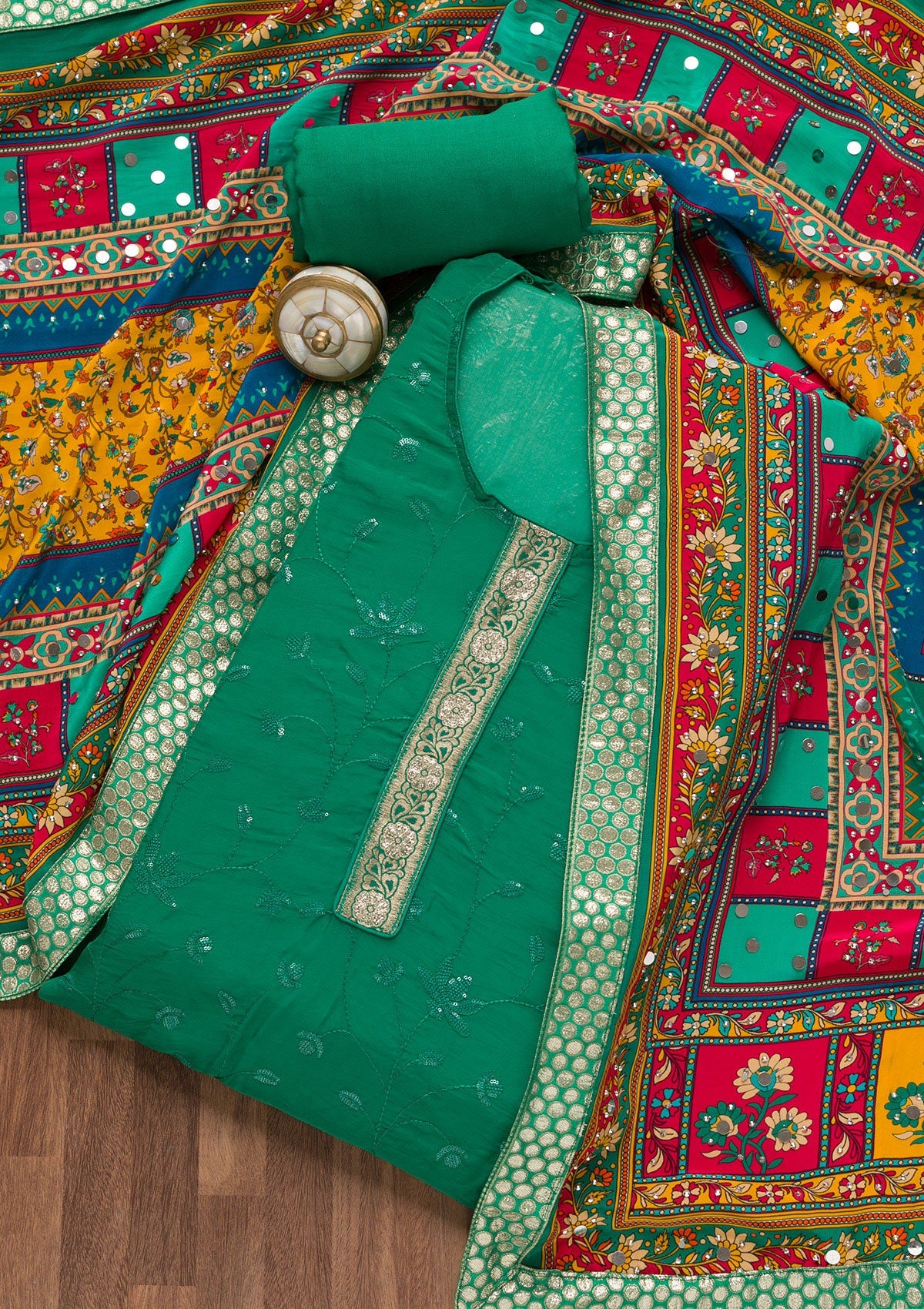 Rama Green Sequins Tissue Unstitched Salwar Suit