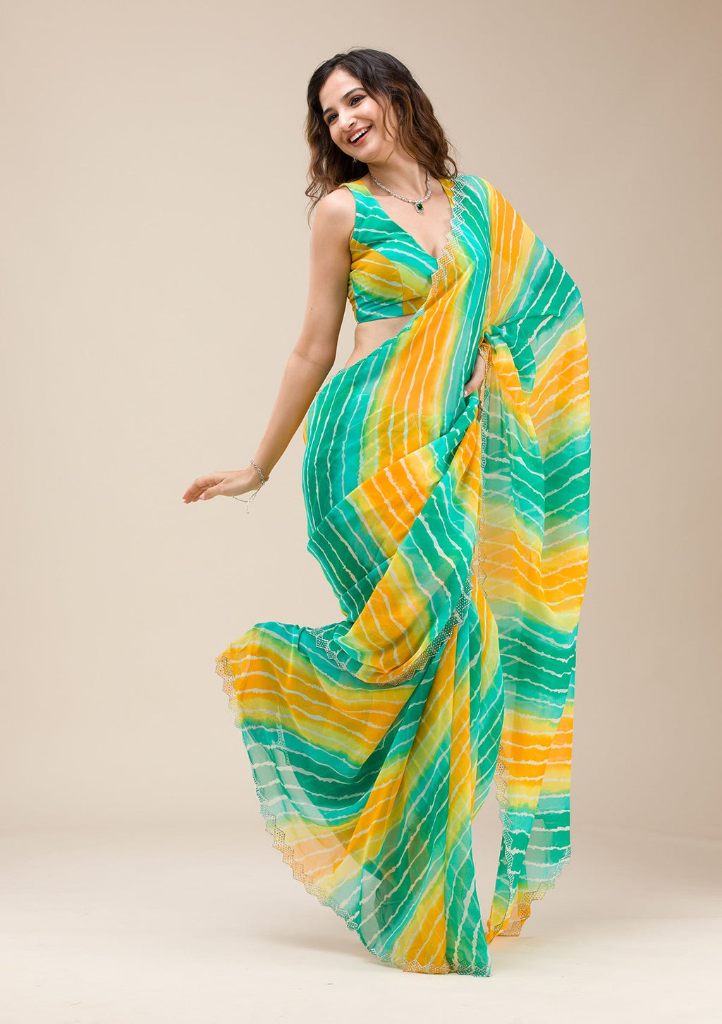 Rama Green Stonework (Silver) Chiffon Saree