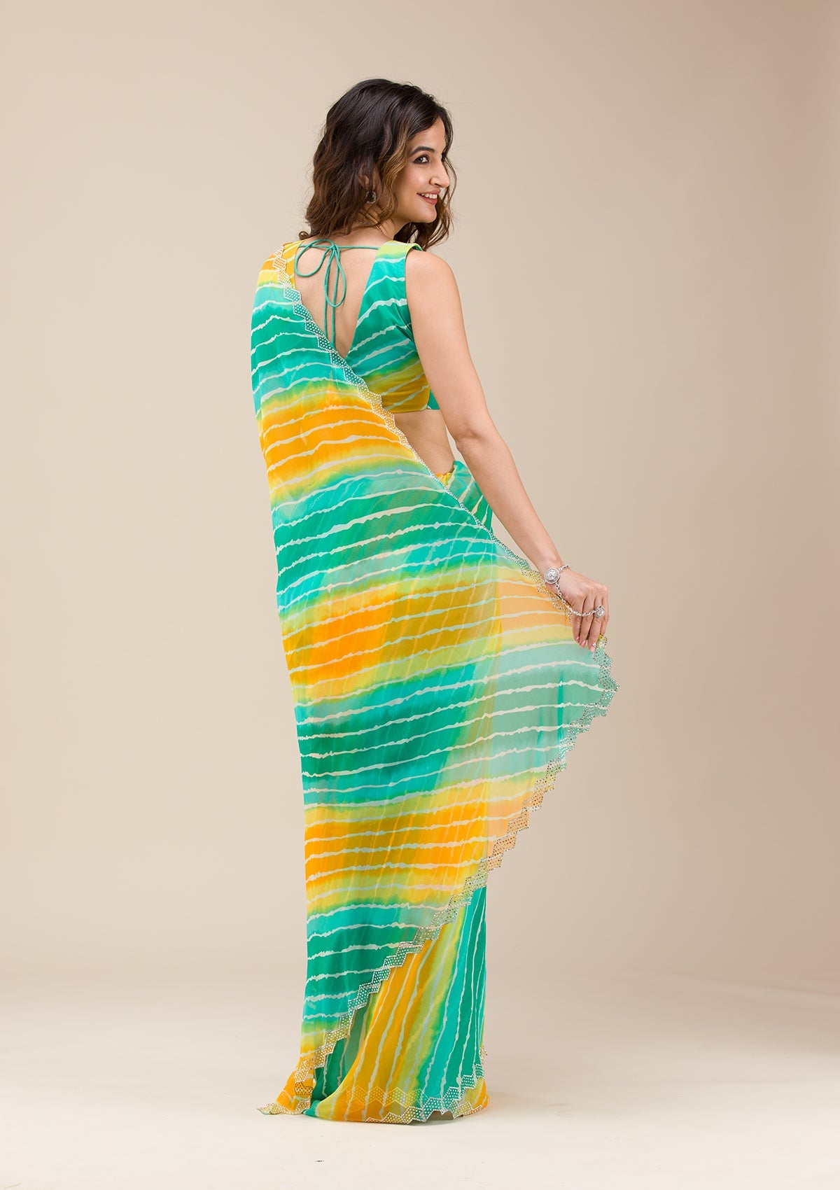 Rama Green Stonework (Silver) Chiffon Saree