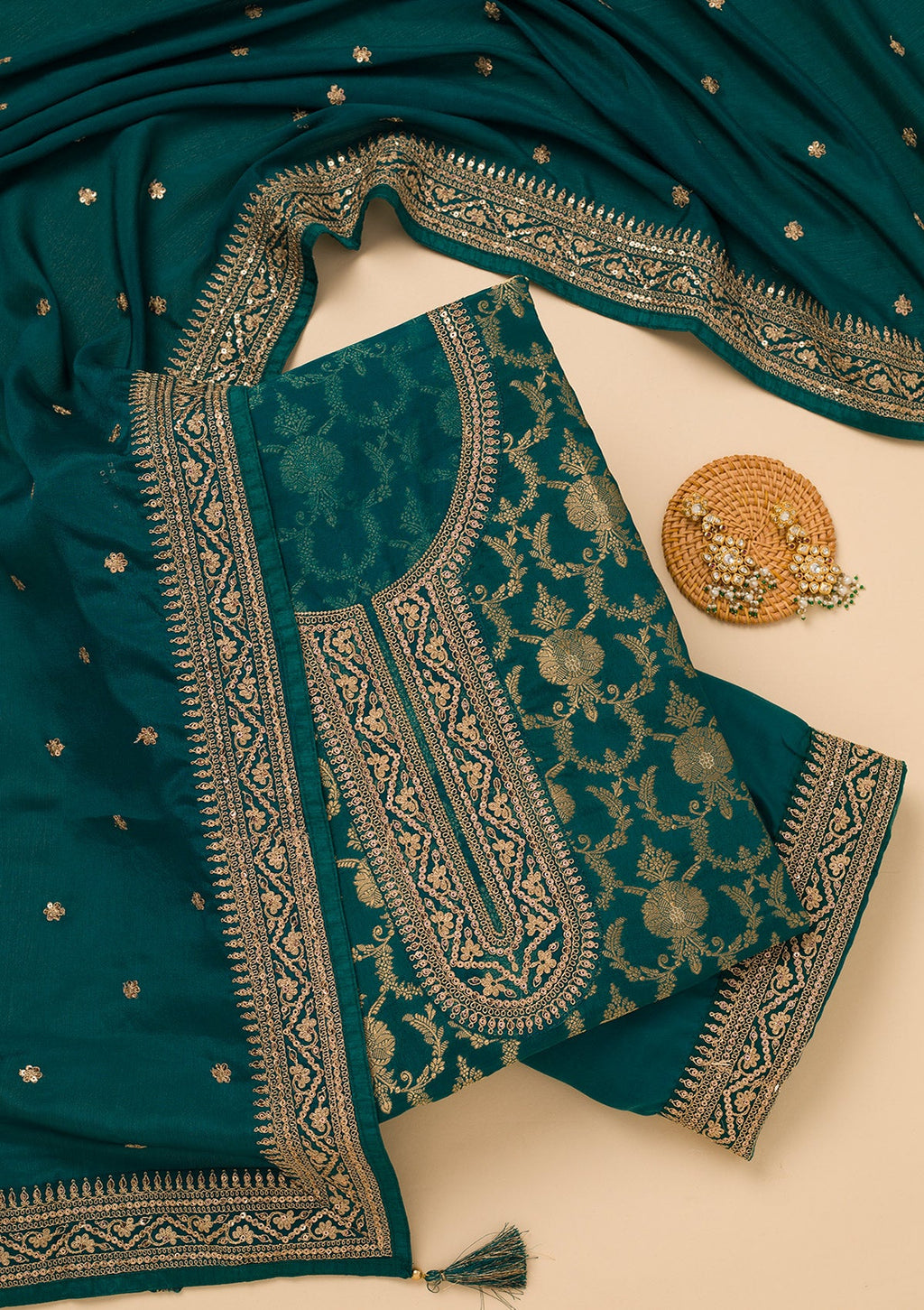 Rama Green Zariwork Tissue Unstitched Salwar Suit