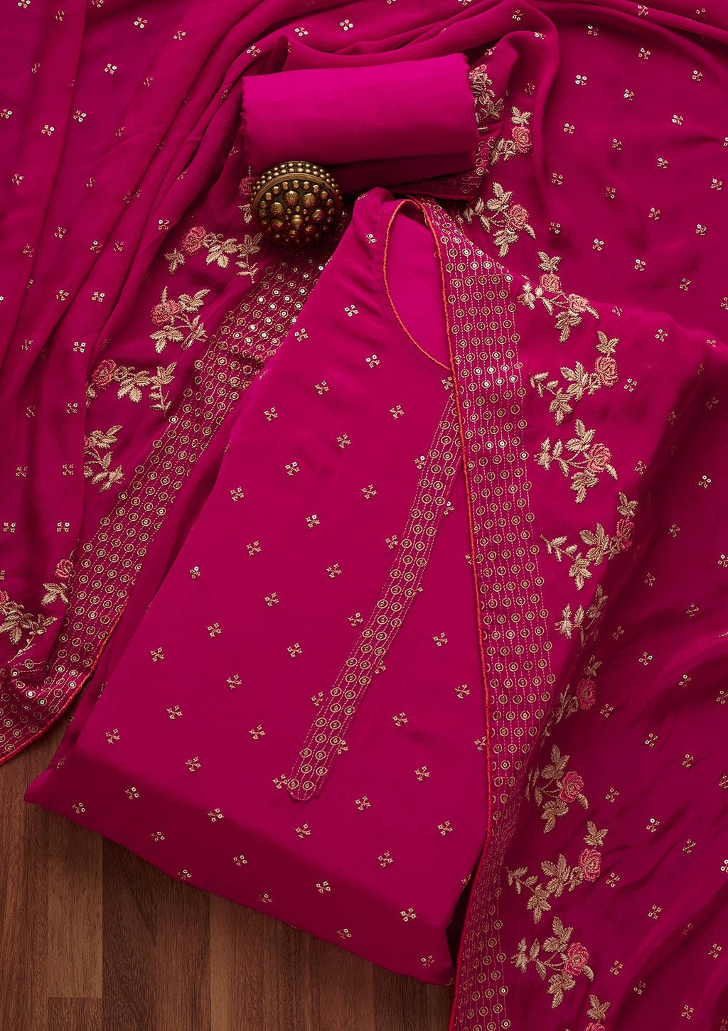 Rani Pink Sequins Semi Crepe Semi-Stitched Salwar Suit