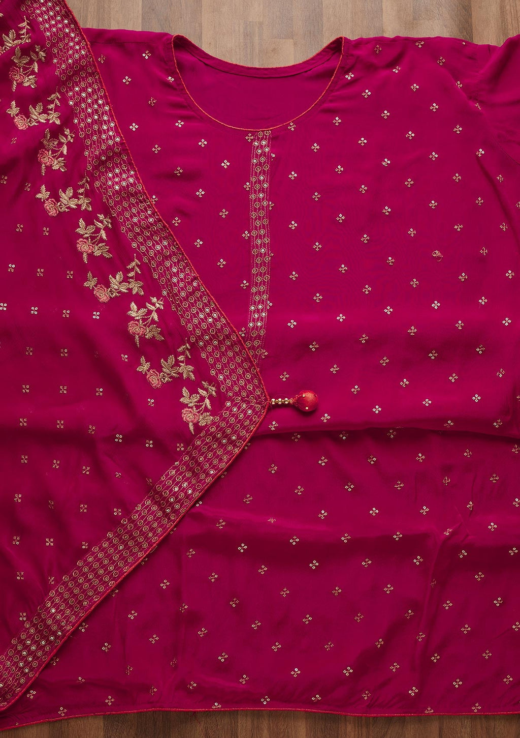 Rani Pink Sequins Semi Crepe Semi-Stitched Salwar Suit