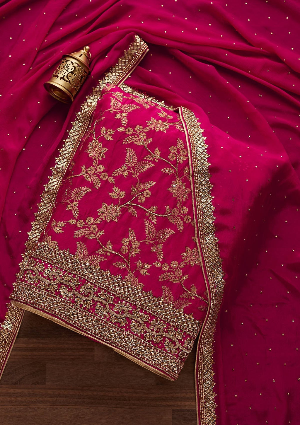 Rani Pink Stonework Chanderi Unstitched Salwar Suit