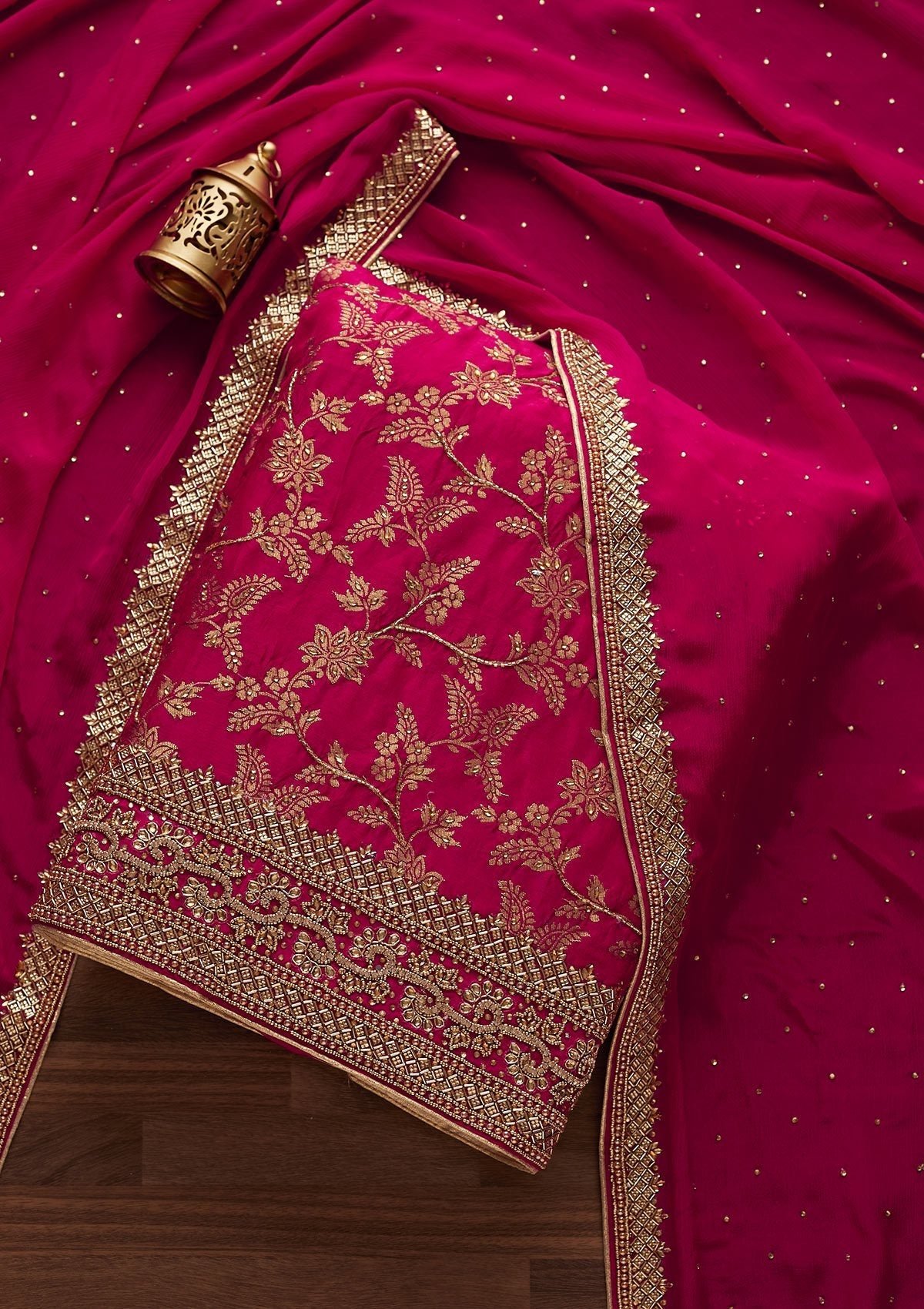 Rani Pink Stonework Chanderi Unstitched Salwar Suit