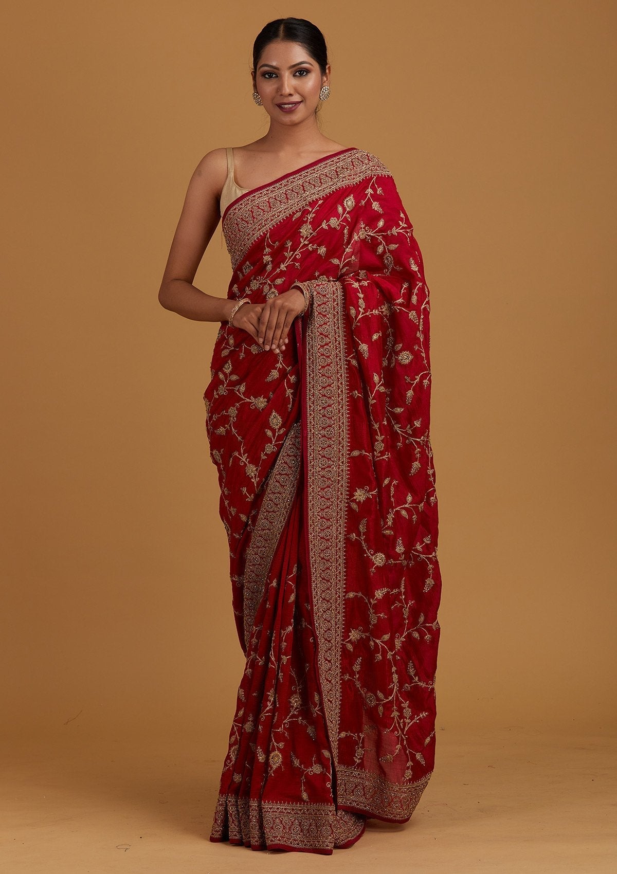 Rani Pink Stone Work Raw Silk Saree