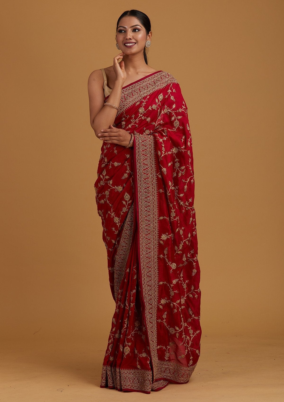 Rani Pink Stone Work Raw Silk Saree