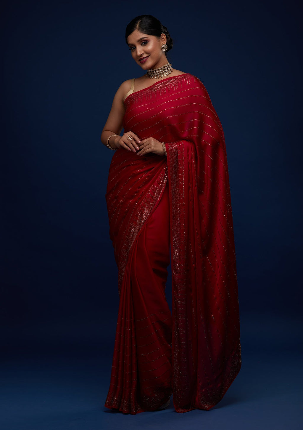 Rani Pink Swarovski Satin Designer Saree