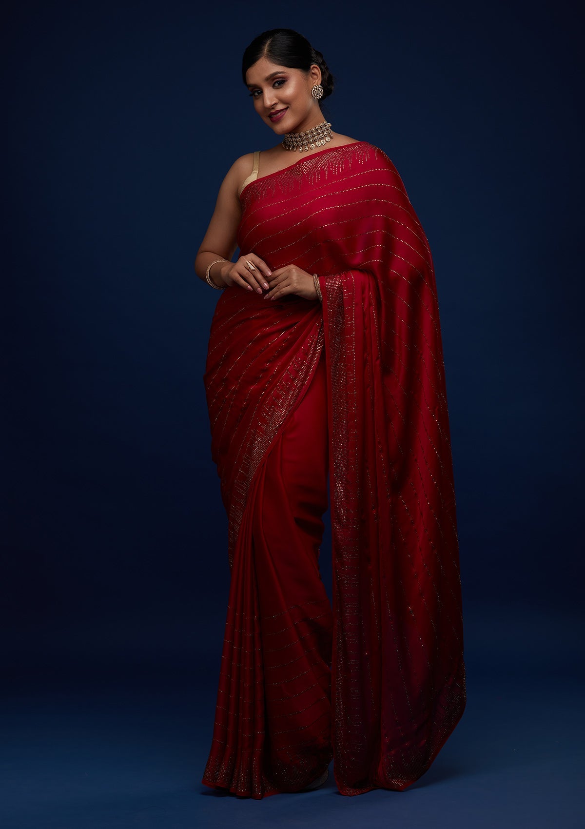 Rani Pink Swarovski Satin Designer Saree