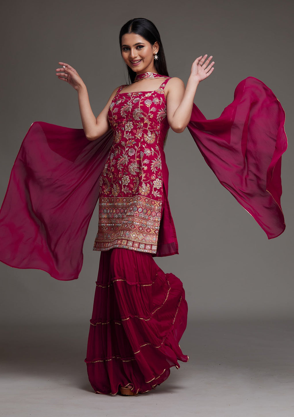 Rani Pink Threadwork Georgette Designer Sharara Suit