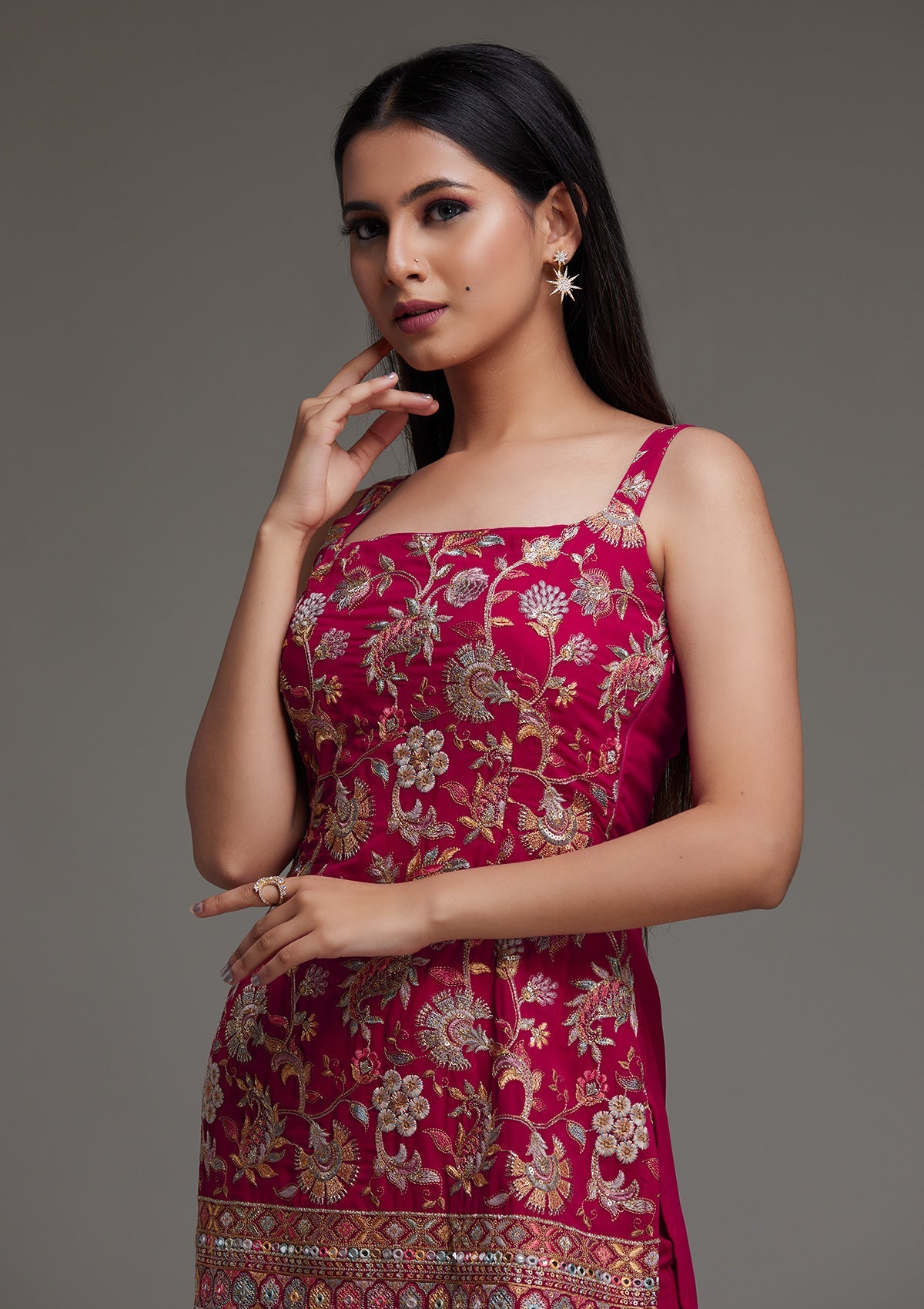 Rani Pink Threadwork Georgette Designer Sharara Suit