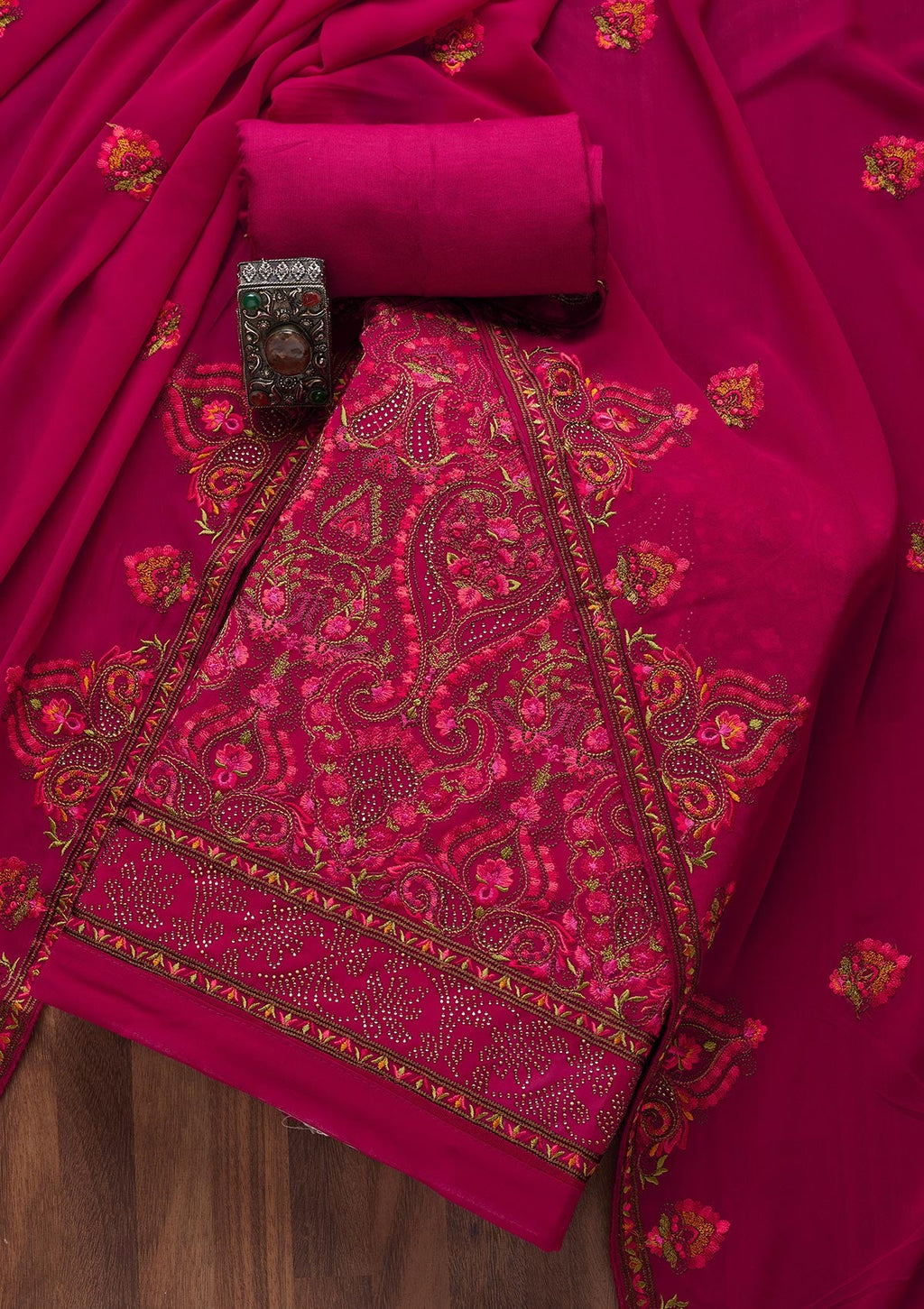 Rani Pink Threadwork Georgette Semi-Stitched Salwar Suit