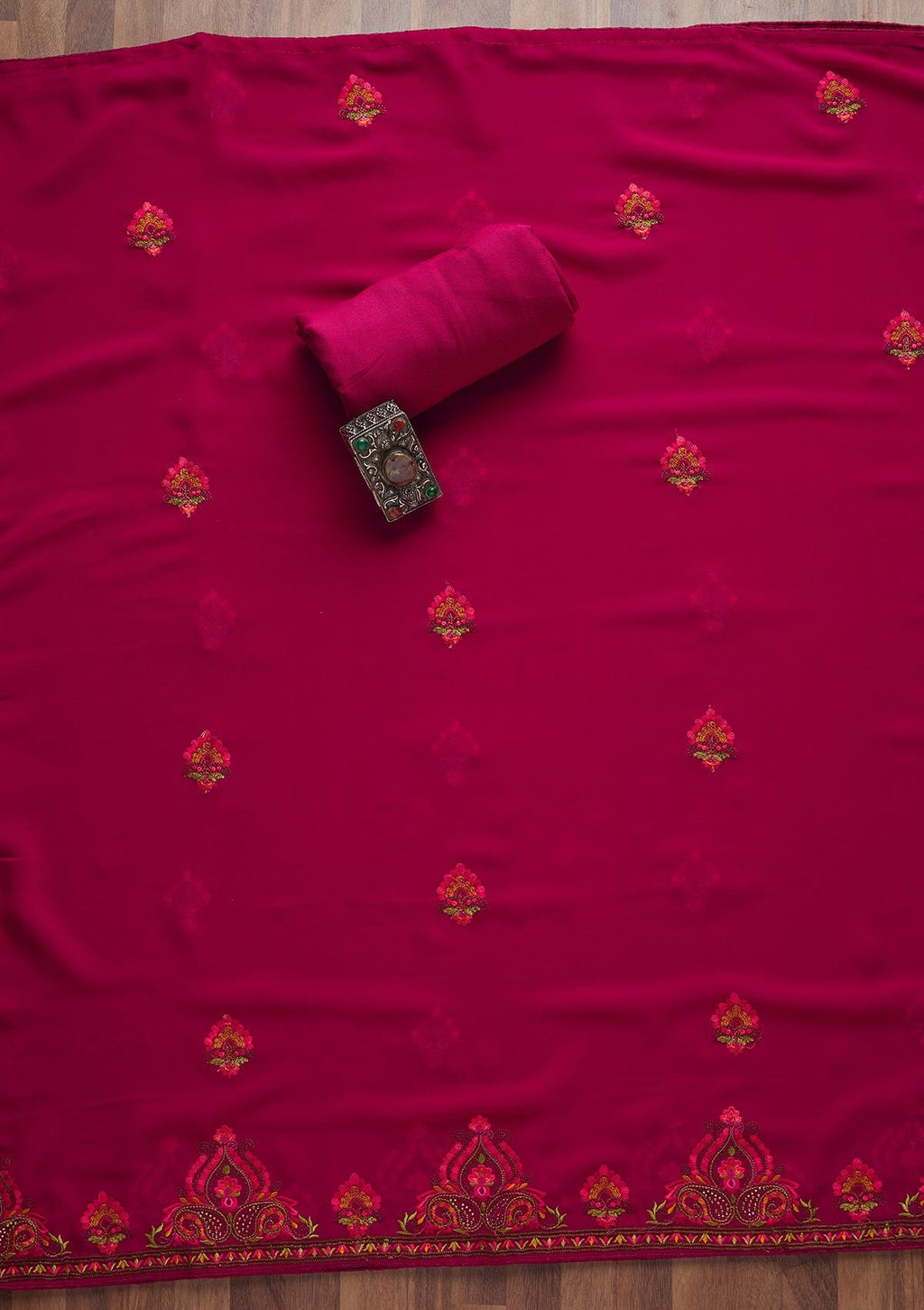Rani Pink Threadwork Georgette Semi-Stitched Salwar Suit