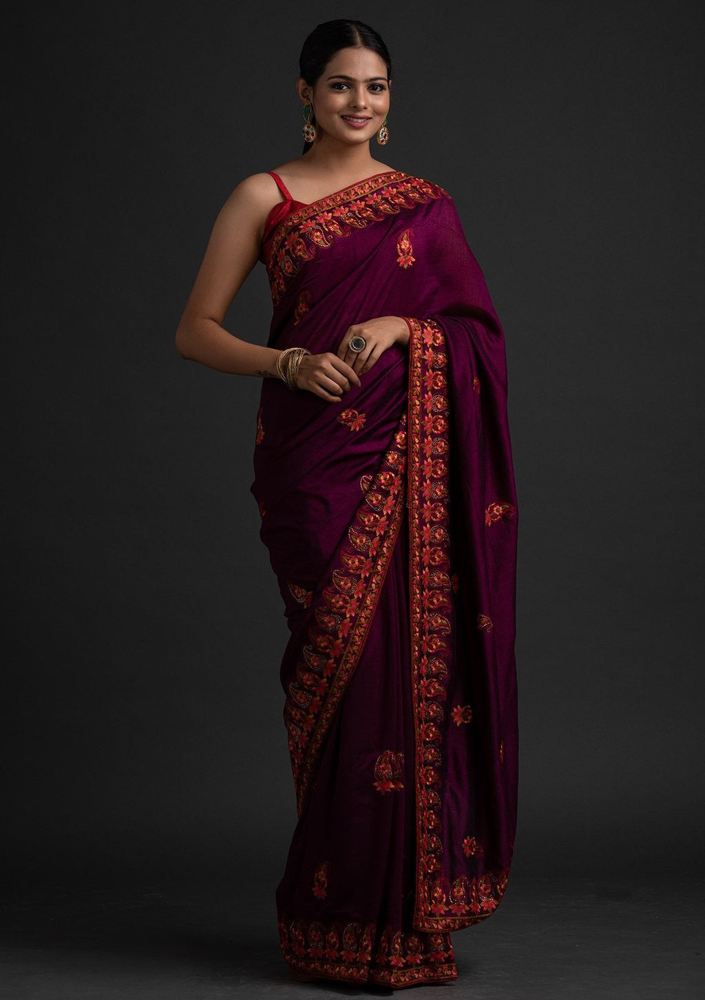Wine Threadwork Raw Silk Saree