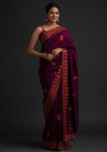 Wine Threadwork Raw Silk Saree