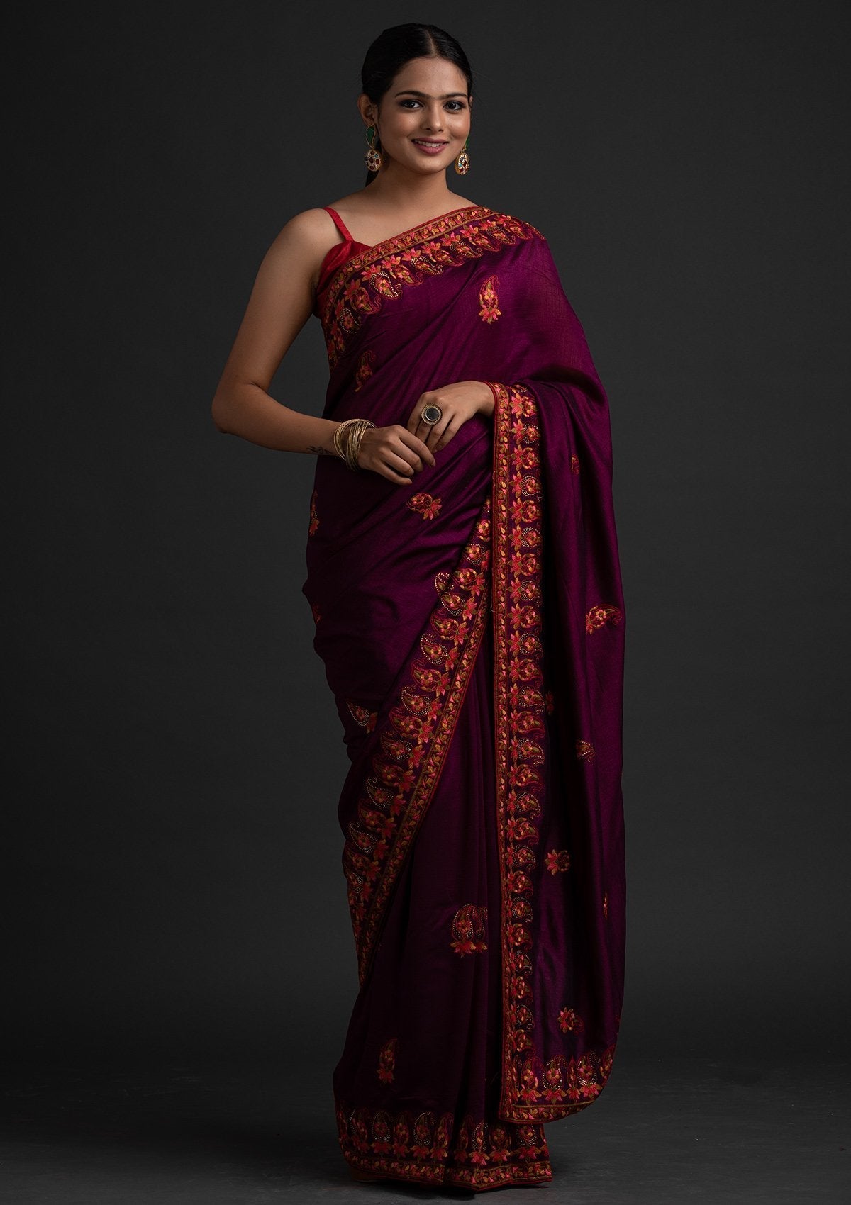 Wine Threadwork Raw Silk Saree