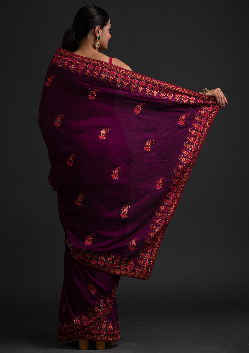 Wine Threadwork Raw Silk Saree