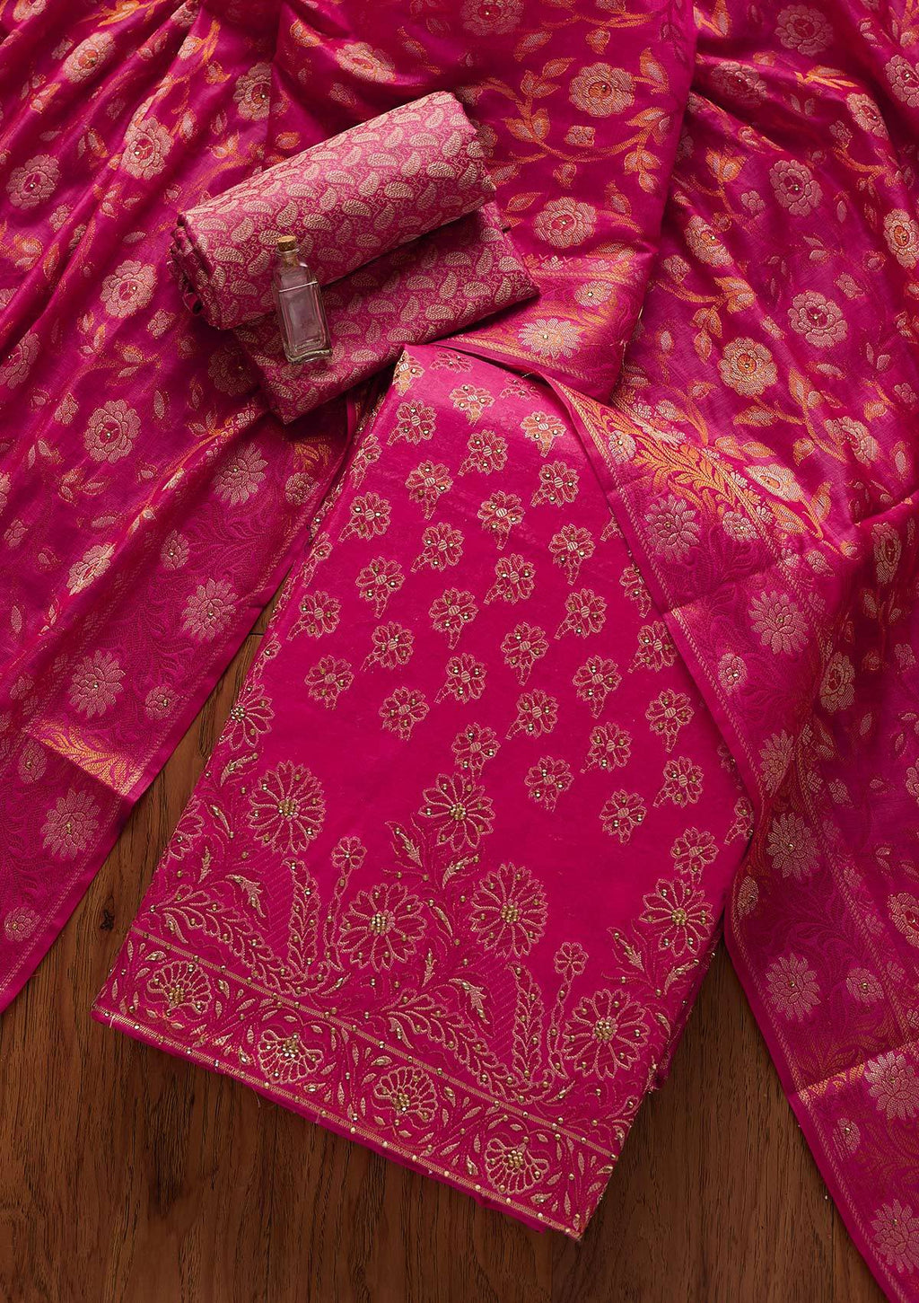 Rani Pink Zariwork Banarasi Unstitched Salwar Suit