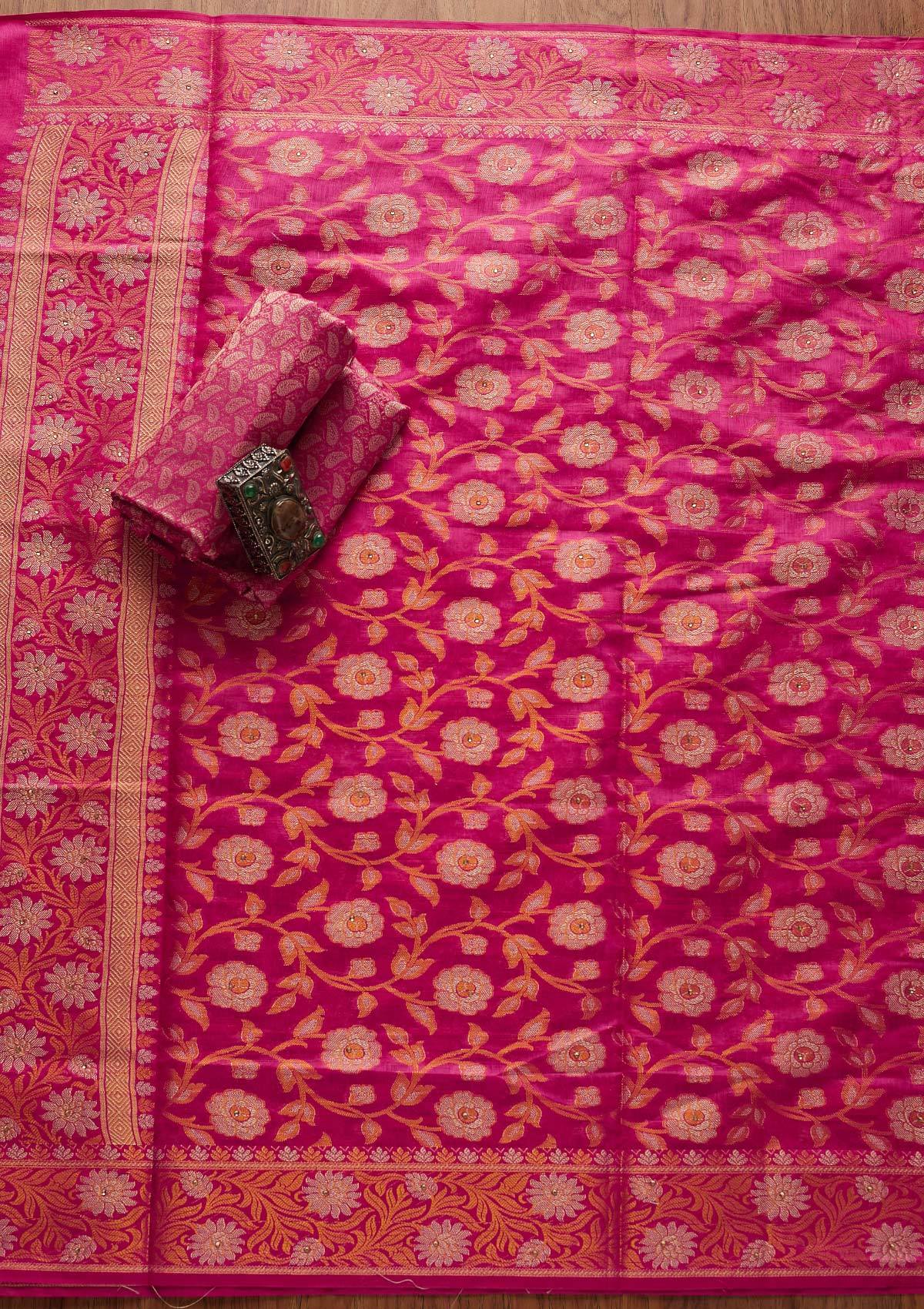 Rani Pink Zariwork Banarasi Unstitched Salwar Suit