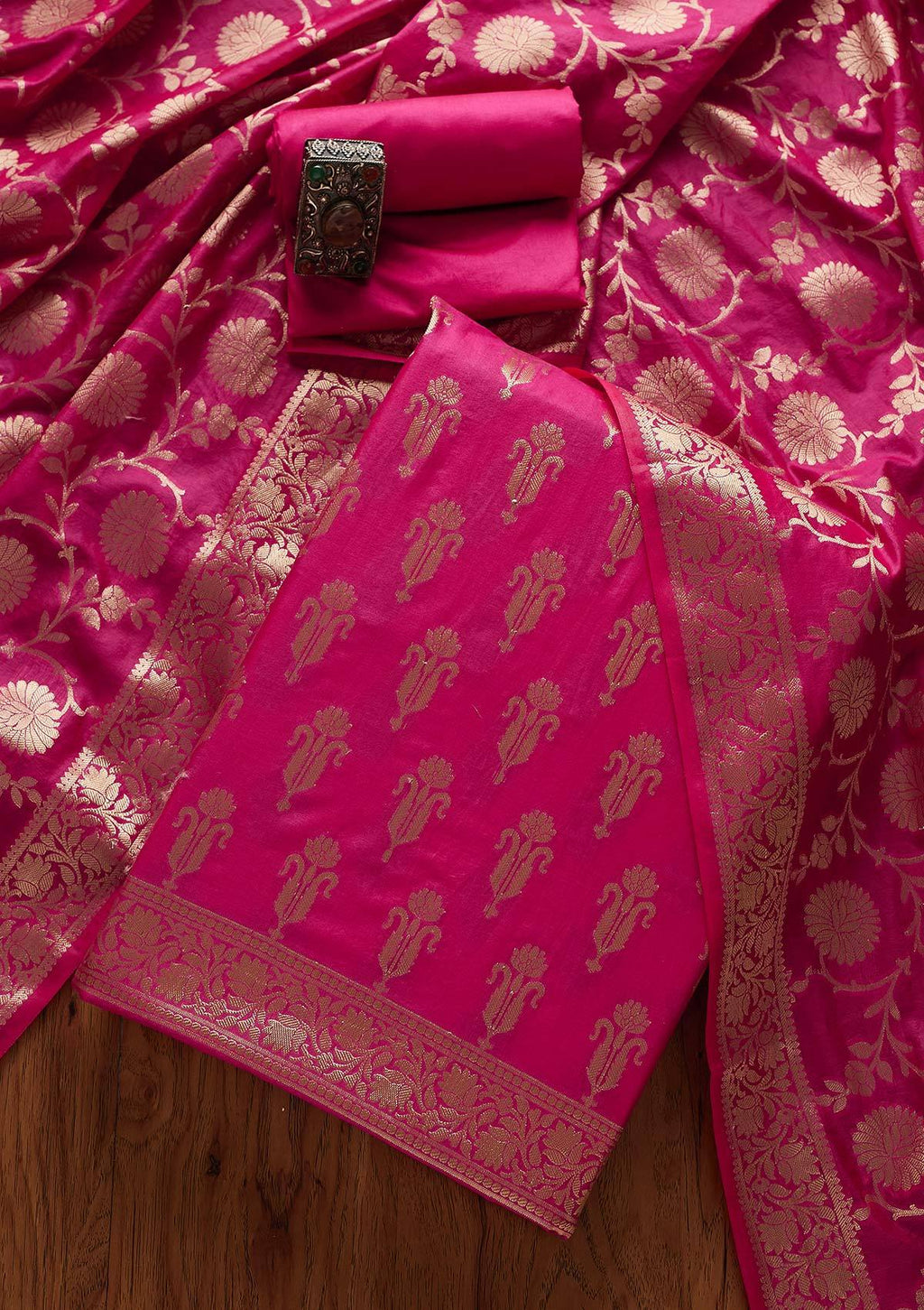 Rani Pink Zariwork Banarasi Unstitched Salwar Suit