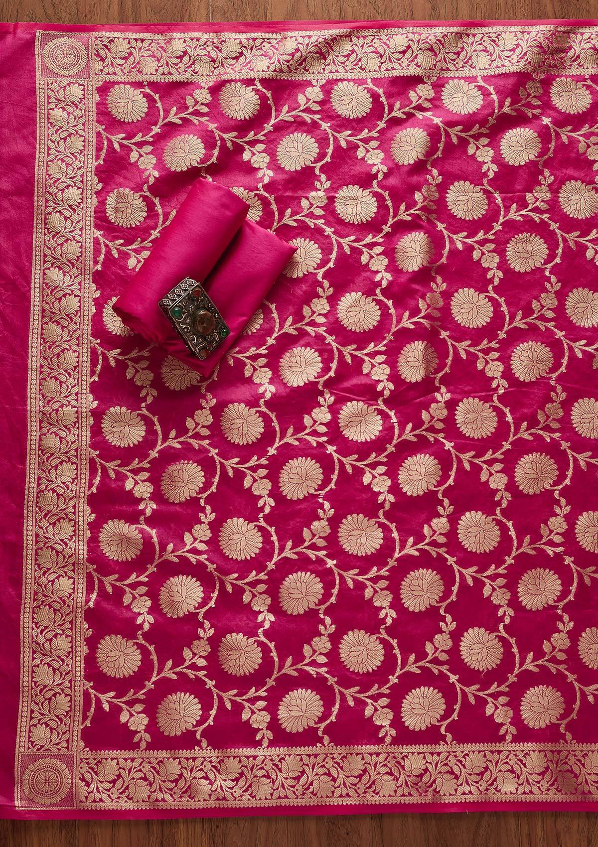 Rani Pink Zariwork Banarasi Unstitched Salwar Suit