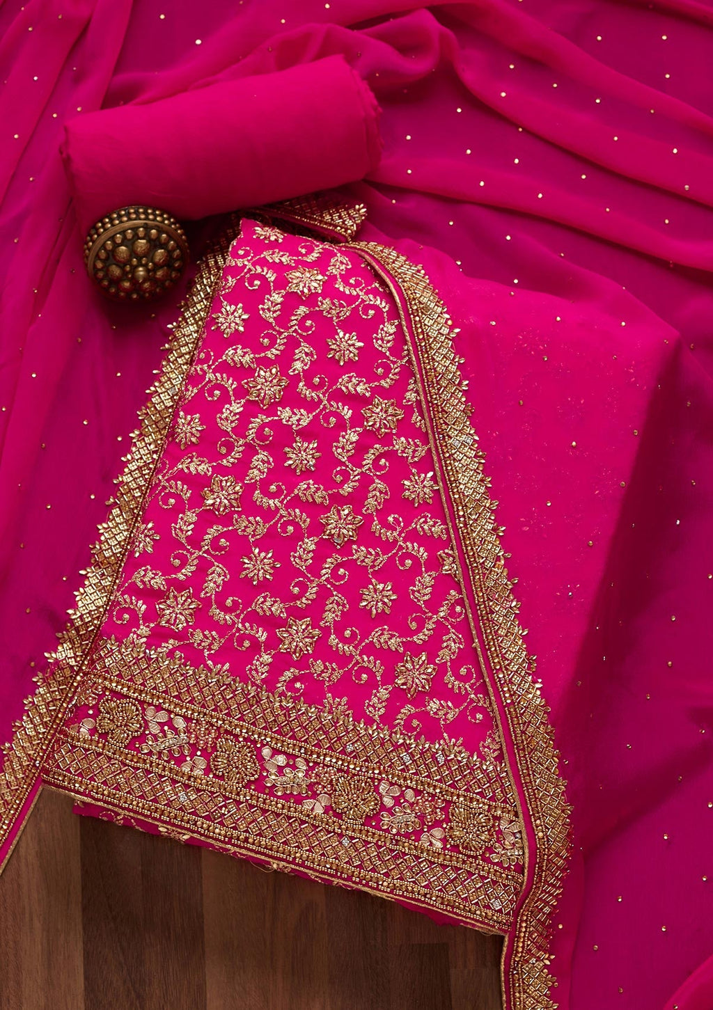 Rani Pink Zariwork Chiffon Unstitched Salwar Suit