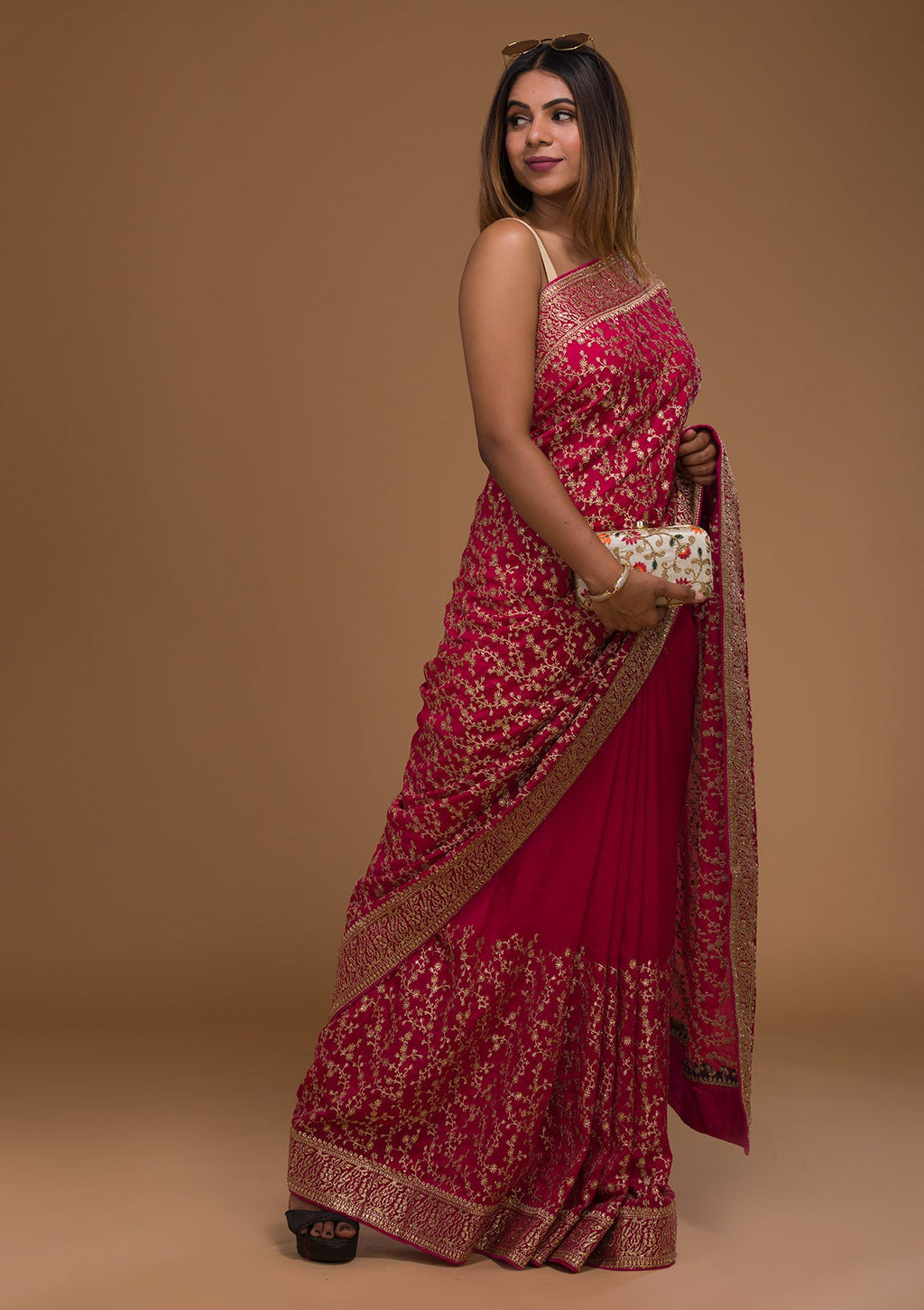 Rani Pink Zariwork Georgette Designer Saree